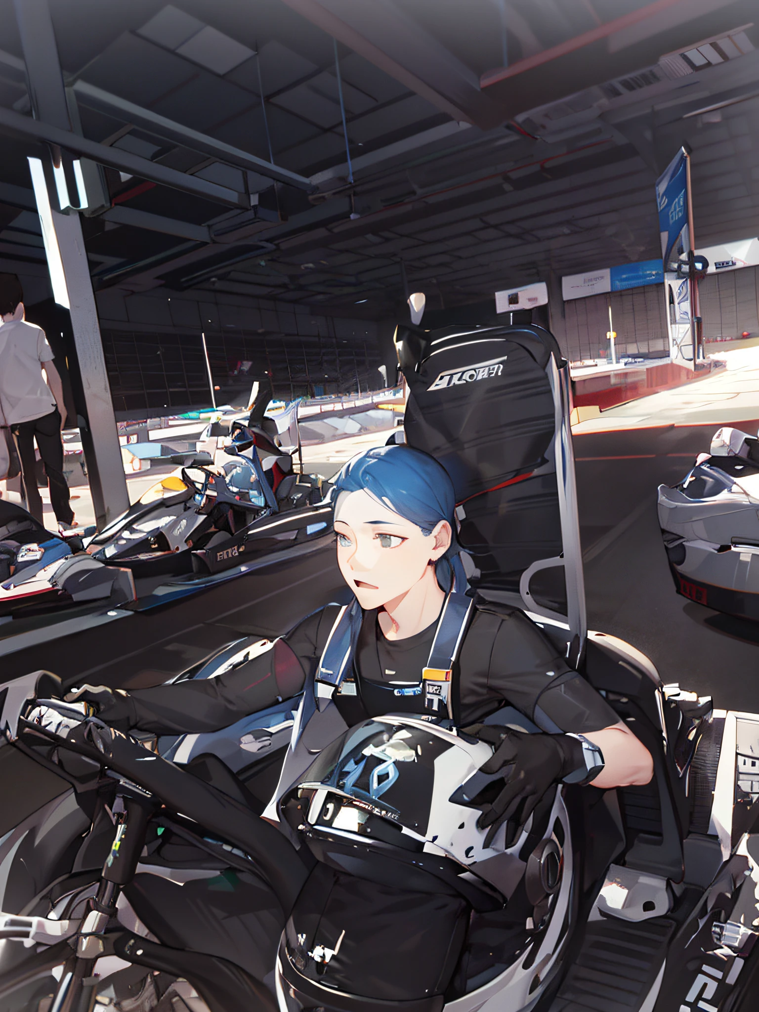 1girl, solo, petite, kawaii, cute, 12 years old, azure color hair, expressionless, empty eyes, gray racing suite, gray jumpsuit, holding, holding motorcycle helmet,
race track, race cars, sports cars, audience, blurry background