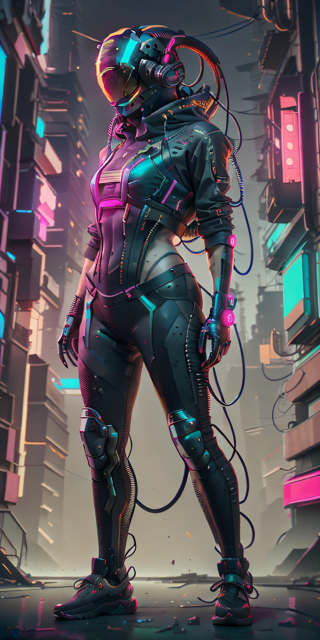 (masterpiece, full-body shot, intrincate raw photography)cyberpunk citizen in oversize techwear, using a black  astro daftpunk style helmet, neon light details, intrincate, futuristic, sharpness, ramdom pose, cyberpunk city, street neon lights, insta pic, photo of the year, octane render, substance, maya 3d, cinema4d, artstation trending, devian art trend,