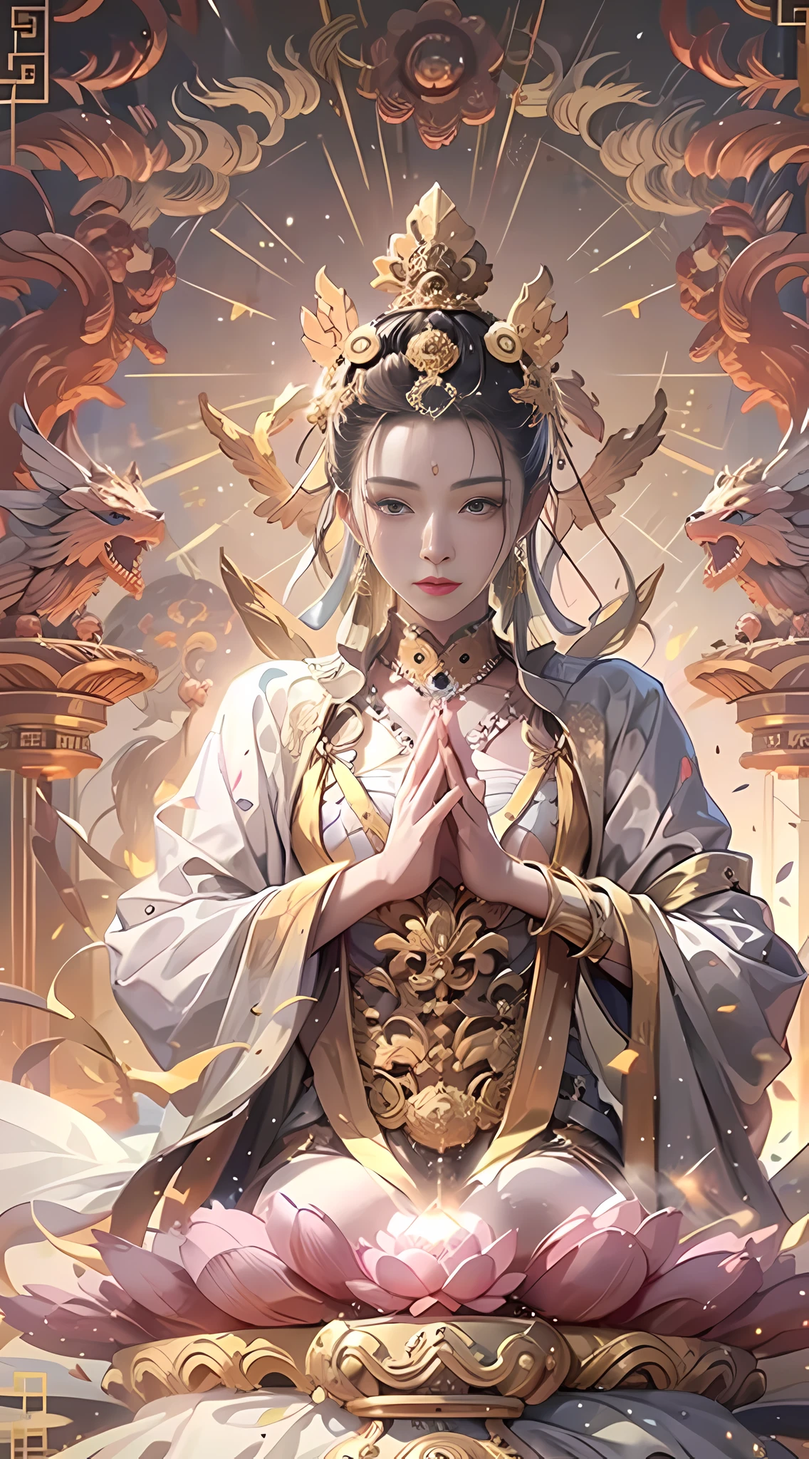 (Chinese immortals), (Buddhism), multiple_Hands,(mythological stories), (bodhisattva), She sits on a lotus, (Six arms grew on her back, Each hand holds a different Buddhist vessel, left right symmetry),(Delicate and beautiful face), (White silk robe)sitting on a lotus flower, Frontal photo,Light smile, neo-classical, OP Art, Chiaroscuro, Cinematic lighting, god light, Ray tracing, character sheets, projected inset, first person perspective, hyper HD, Masterpiece, ccurate, Textured skin, Super detail, High details, High quality, Award-Awarded, Best quality, A high resolution, 8K