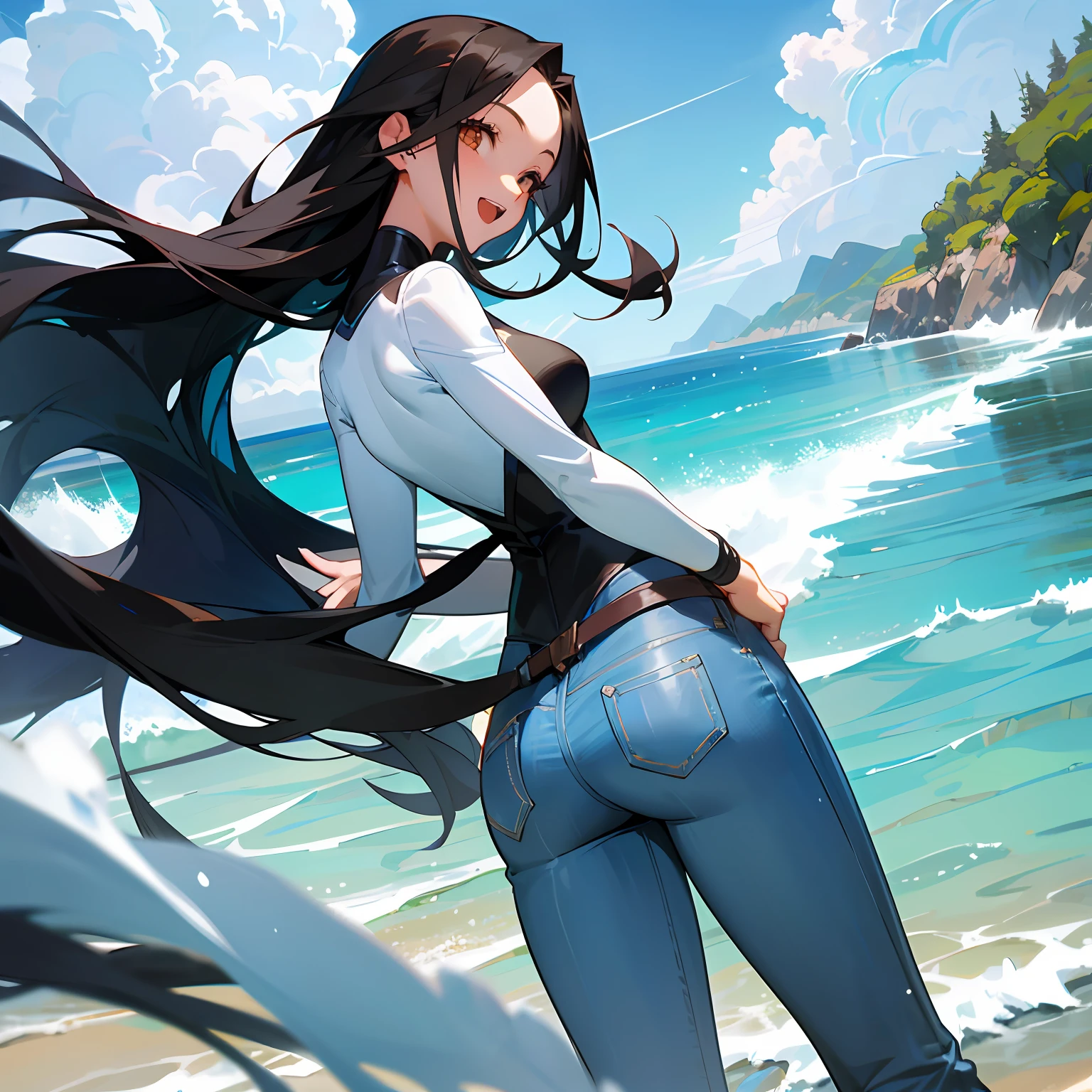 1 girl, long jeans pants, rash guard, forehead, smile, fun, (stunning:1.5) woman with (long:0.6) black hair cascading down her back, (fair:0.7) skin that glows like snow, and (deep:0.8) brown eyes like a deep valley of orchids.anime style, beach, scenery, original, outdoors, open mouth, --auto