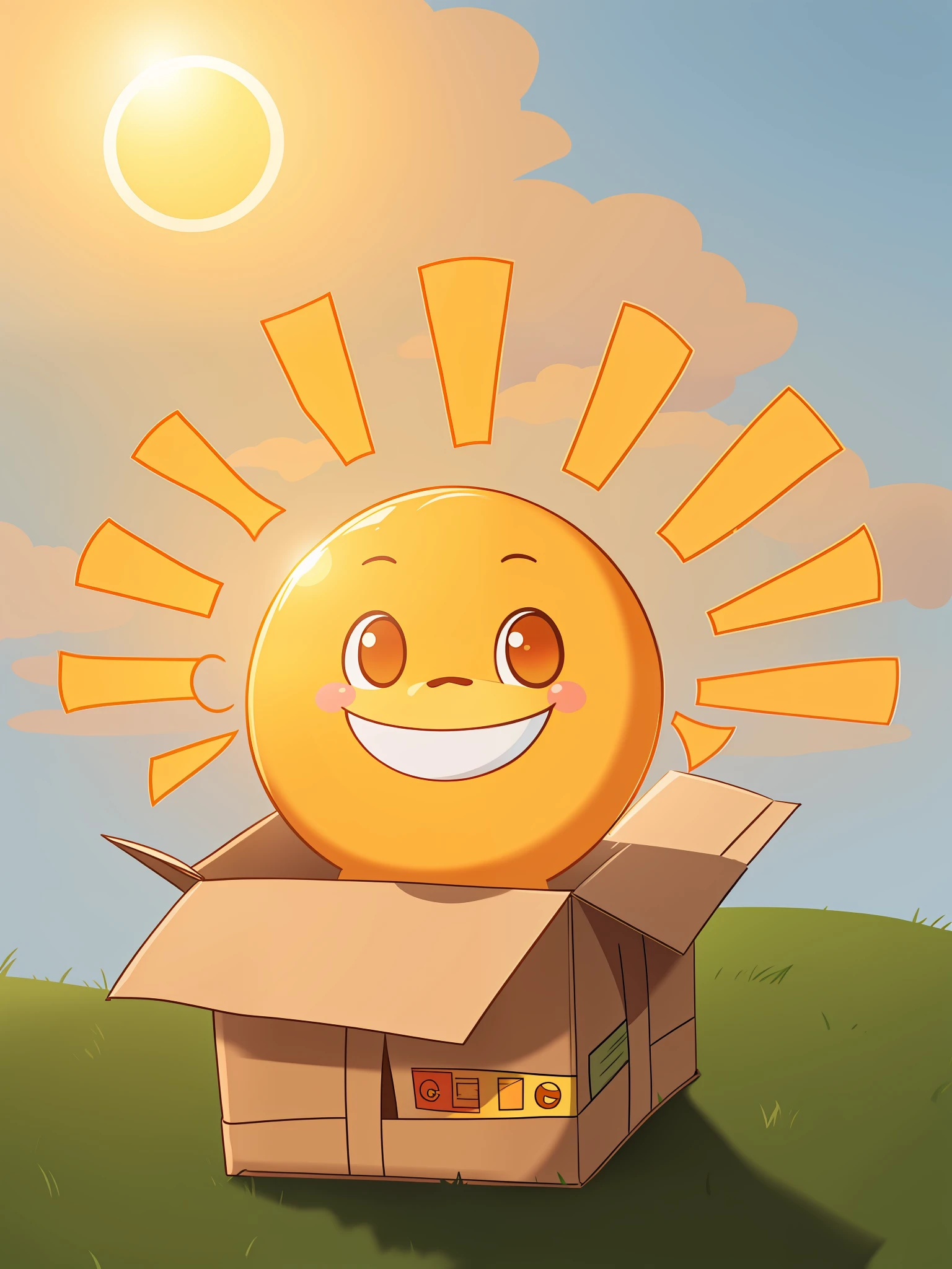 The courier box contains a sun，The sun is smiling，The sun smiled，Squint，The background is a grassy garden