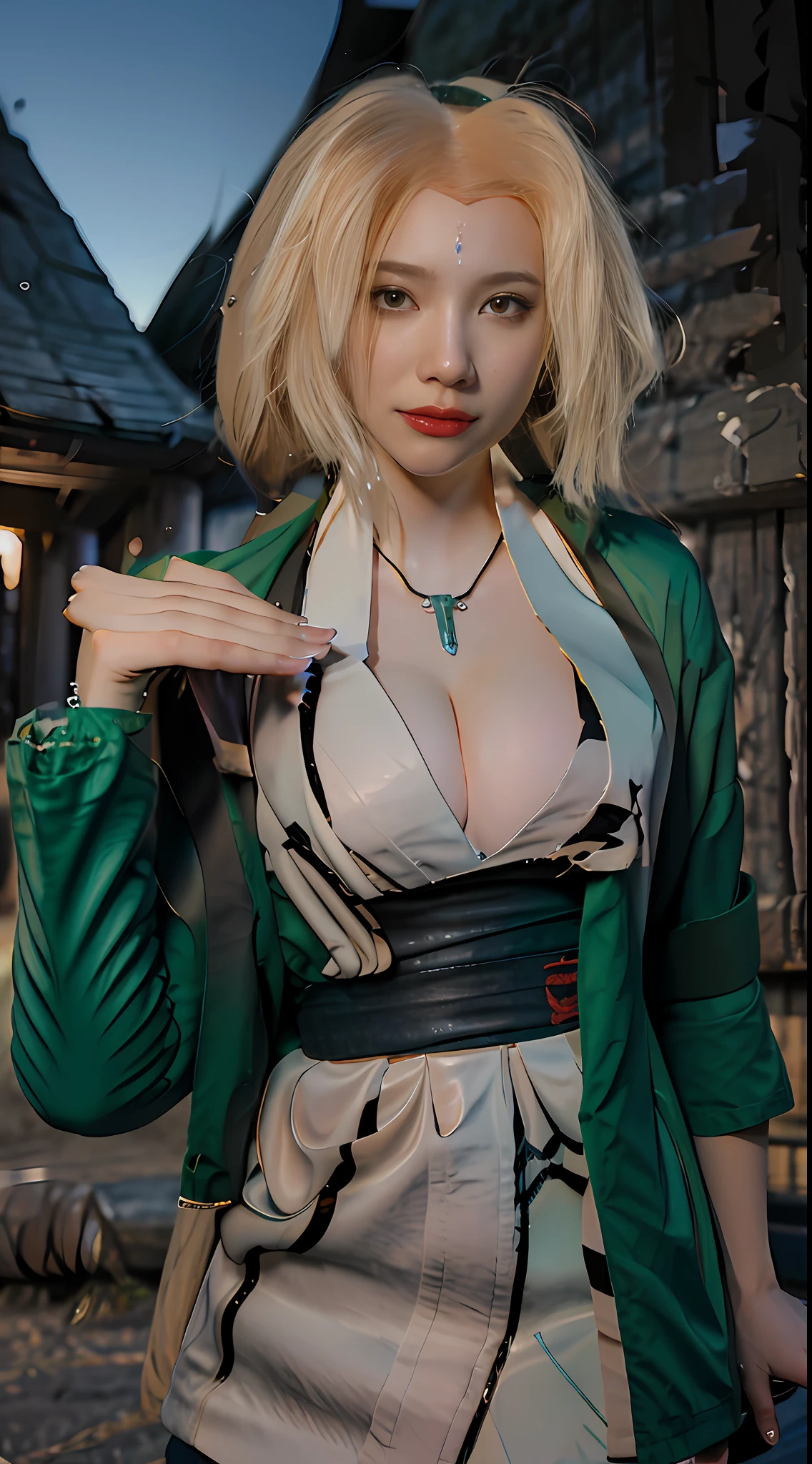A high resolution, Sharp focus, Pixiv masterpiece, ((Intricate details)), Highly detailed, ((Film texture,Open at night)),blur backgroun, Upper body, 1girll, mature, Blonde hair, Blue forehead mark,White kimono, Green jacket,((Place your hands on your waist,very big boobs)), sash, Tsunade_senju,Facing the lens,view the viewer,