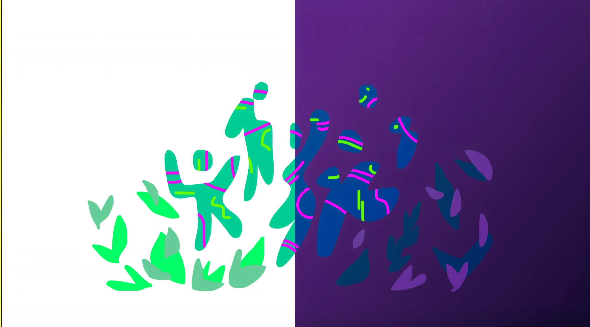 There are two images of a man and a woman in a field, Figures humaines abstraites dansant, un peu de vert et de violet, couleurs violettes et vertes, personnes fuyant, Photographie de Kurzgesagt, 2d illustration, Illustration simple, 2 d illustration, vert et violet, Stylized flat colors, Illustration du concept, stylized silhouette, 2. 5 d illustration