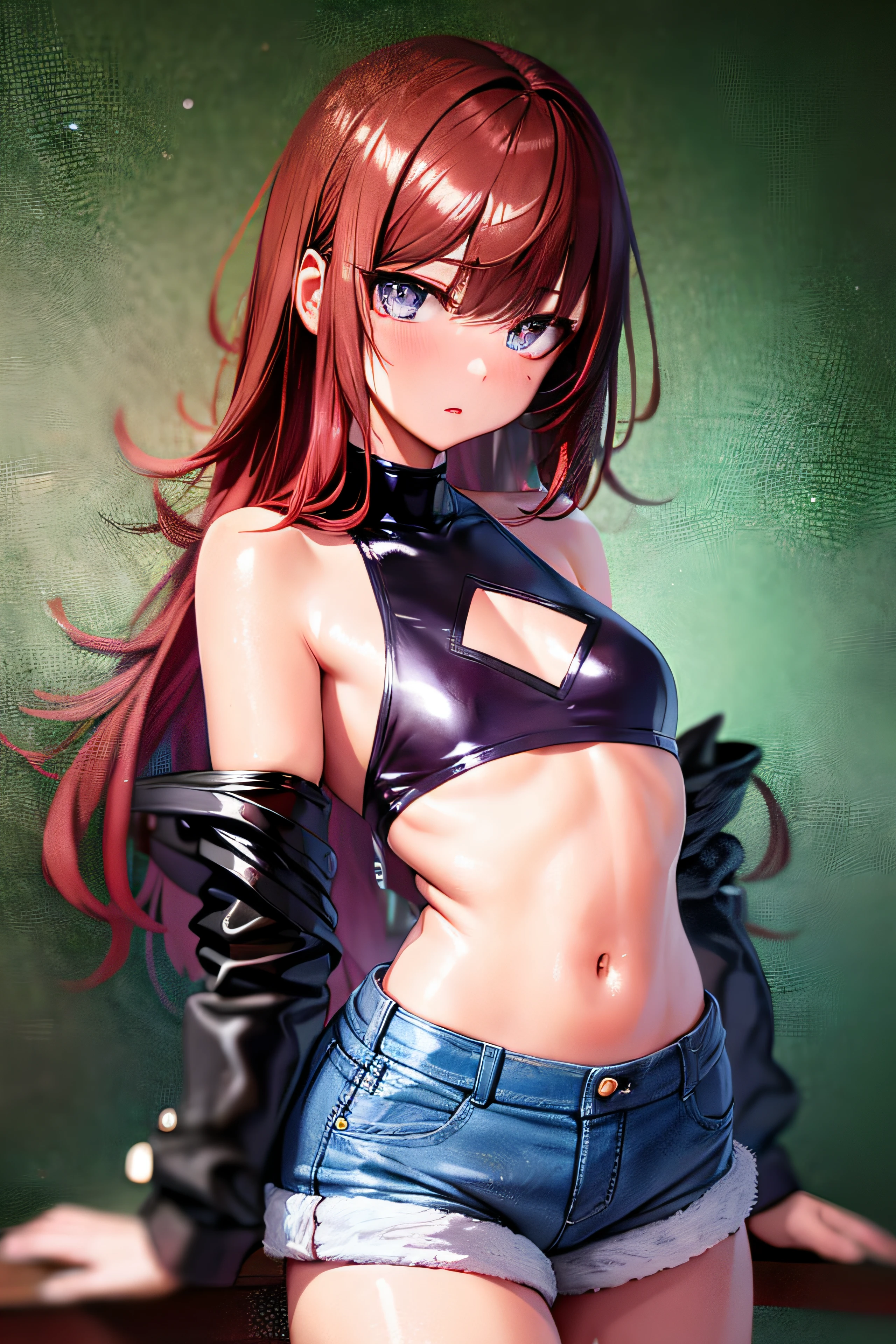 Young cute anime girl, red hair, gray eyes, jito eyes, makise kurisu, pale skin, glowing skin, big eyes, straight hair, asymmetrical bangs, hair above left eye, sideburns, slender, flat breasts, small, short stature, jukai, detailed anime style, wet body, wet skin, dripping water, anime paint, digital drawing, anime face, high quality, high detail, super high resolution, 8k, sharpness, Sharp contours, full body, latex, perfect anatomy, golden ratio, denim shorts, low rise, sleeveless shirt, blush, expressionless, boob cutouts