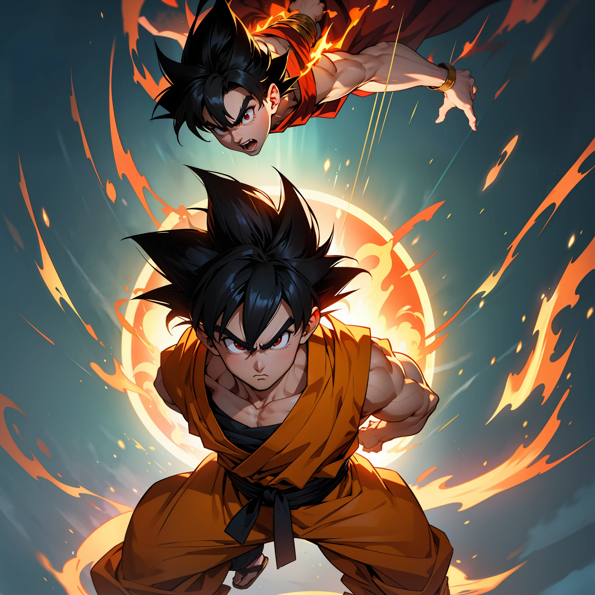 son goku，Chinese mythology，The Ruyi Golden Hoop Rod emits red flames，Sideways image，High quality, high quality，Serious and cold，Handsome。