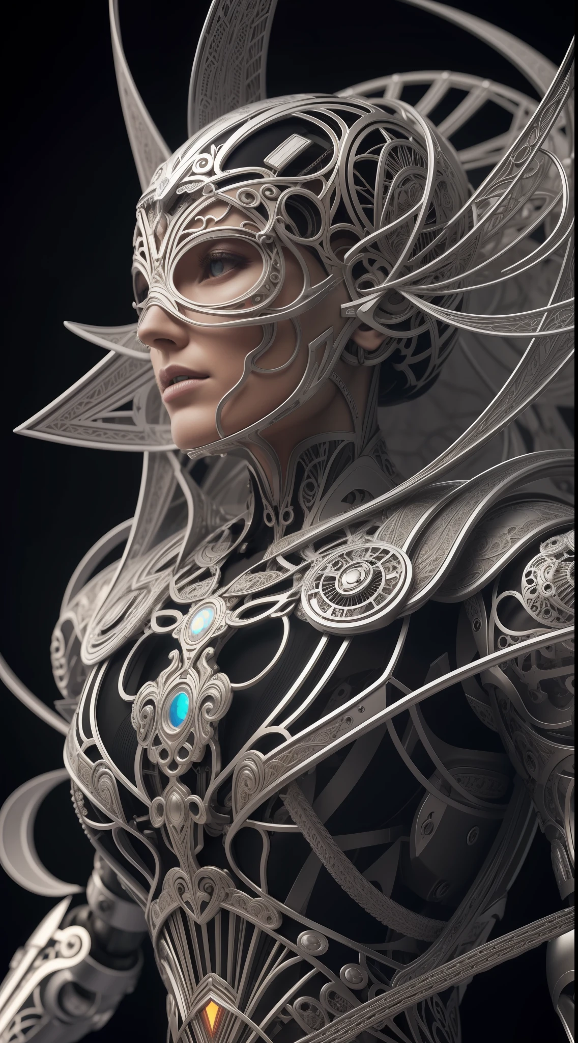 Nousr Robot, sophisticated 3D rendering with ultra-detail of the beautiful angel of death, biomechanical cyborg, analog, 150mm lens, Beautiful natural soft light around the edges, large leaves and stems, roots, fine foliage lace, colorful details, samurai, Costume by Boris Bijan Saberi, pearl earring, piercing, Art Nouveau embroidery, intricate details, mesh wire, mandelbrot fractal, anatomical, facial muscles, cable wires, microchip, bully, A hyper-realistic, Ultra-detailed, Octane rendering, voluminous lighting, 8k post-production, red and white with a hint of black, Detailed metal bones, half-human, iridescent colors, Glenn Brown style, The White Room, The Power of God, foreshortening, Difficult poses
