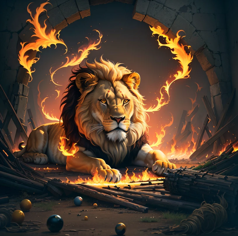 There was a lion sitting in the flames,Fire lion,Brighter,balls of fire,Fire comes out of the mouth, fire lion, fire and flames mane, author:Adam Maczynski, lion, aslan the lion, author:Howard Lyon, Lord of Fire, highly detailed fire tendrils, author:Alexander Giemsky, Lion of Fire, author:Luis Miranda