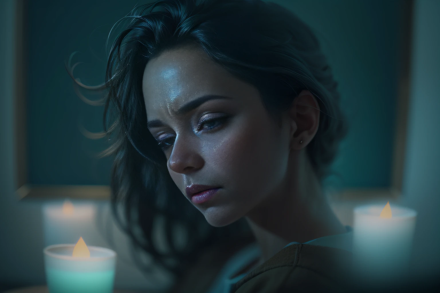 Create a visibly depressed and emotionally emotional mother figure. Convey her feelings with realism. Depicting her in a dimly lit home environment, And use cool colors and bleak atmosphere to enhance the emotional impact of the scene. Mom's clothes should be daily,Unkempt appearance,Further emphasize the realism of the scene. Digital art software can be used to create this image, Bokeh, Photo, 8K, Dark, Dynamic action, pale washed out style, Shoot on the blue type, Cracked lenses, Dreamy nostalgia, Soft focus, dark halo, light leaks, Medium photography, Gloomy art painting ethereal, Whimsical, Coarse grain photos, Eye contact, author:Paul Zizka