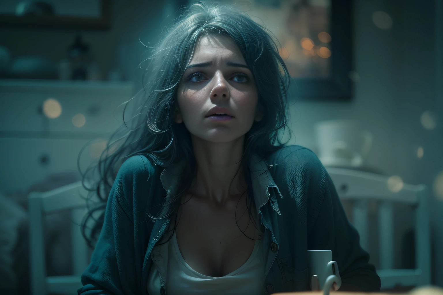 Create a visibly depressed and emotionally emotional mother figure. Convey her feelings with realism. Depicting her in a dimly lit home environment, And use cool colors and bleak atmosphere to enhance the emotional impact of the scene. Mom's clothes should be daily,Unkempt appearance,Further emphasize the realism of the scene. Digital art software can be used to create this image, Bokeh, Photo, 8K, Dark, Dynamic action, pale washed out style, Shoot on the blue type, Cracked lenses, Dreamy nostalgia, Soft focus, dark halo, light leaks, Medium photography, Gloomy art painting ethereal, Whimsical, Coarse grain photos, Eye contact, author:Paul Zizka