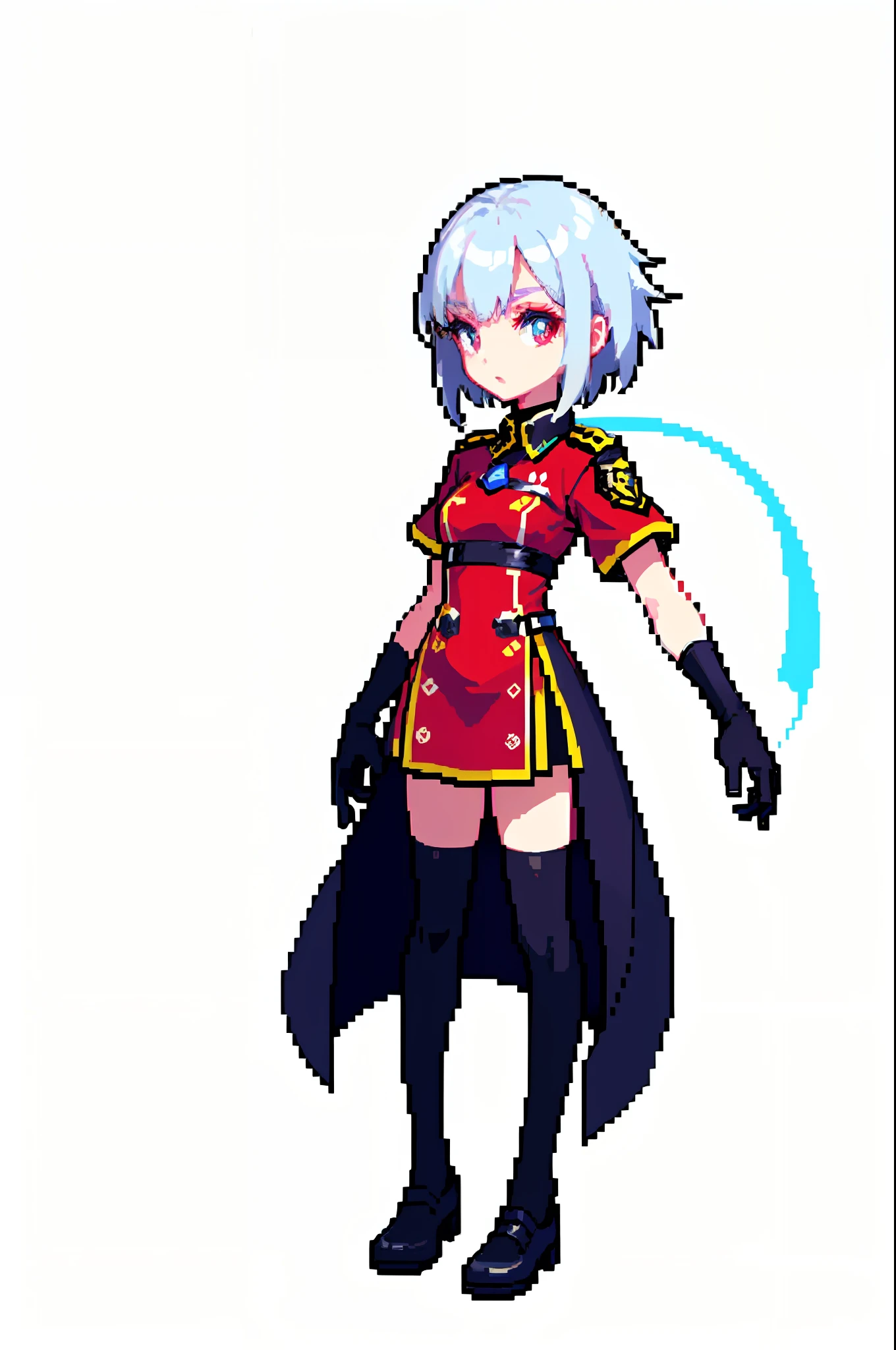 (tmasterpiece,top Quority,best qualtiy),pix,pixelart,A detailed,short detailed hair,one-girl,Silvery-white hair,red pupils,The upper body is a red and white uniform,The lower body is an ultra-short white skirt,Black stockings,Small black leather shoes,Very cute beautiful girl,Look up,preparing to fight,tmasterpiece,8K,best qualtiy