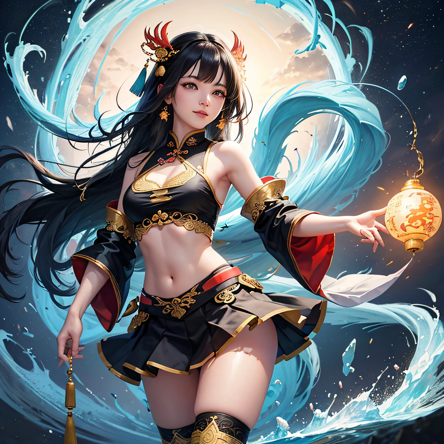 Official Art, Unified 8K Wallpapers, Ultra Detailed, Beautiful and Aesthetic, Masterpiece, Best Quality, (Zentangle, Tangle, Entangle), (fractal art: 1.4), 1girl, black hair, Chinese, bare shoulders, short skirt, calf, navel, very detailed, dynamic angle, cowboyshot, (most beautiful form chaos), flowing, (bright colors), oc, (half: 1.2), china, (thangka flying sky: 1.5), (ribbon: 1.3), (dream: 1.5), (hanfu: 1.5), Chinese dragon, Chinese phoenix, (smile: 0.5), (Chinese deity), --auto