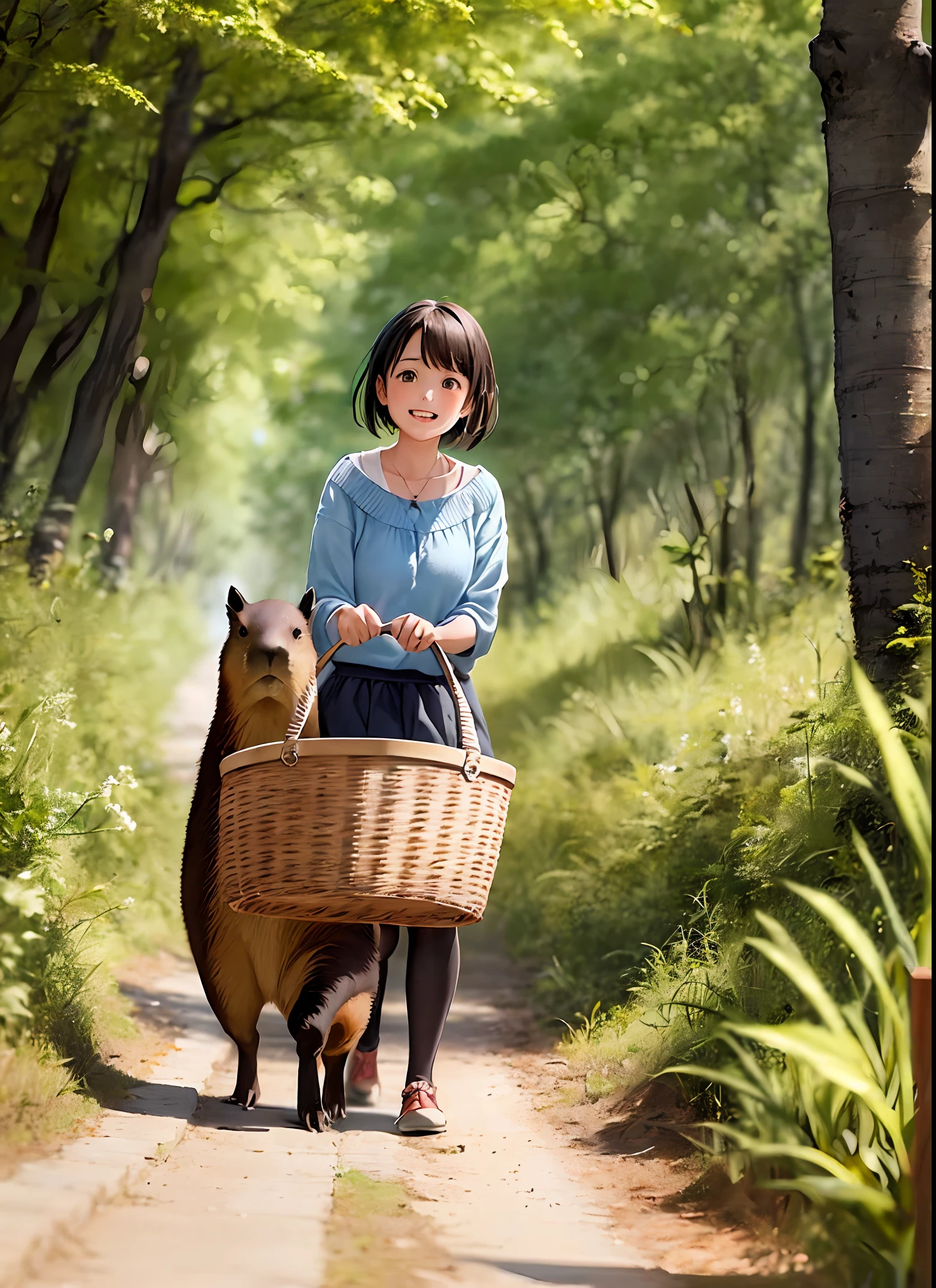 A girl with a basket walks in the forest suddenly finds a large capybara and they begin to look at each other