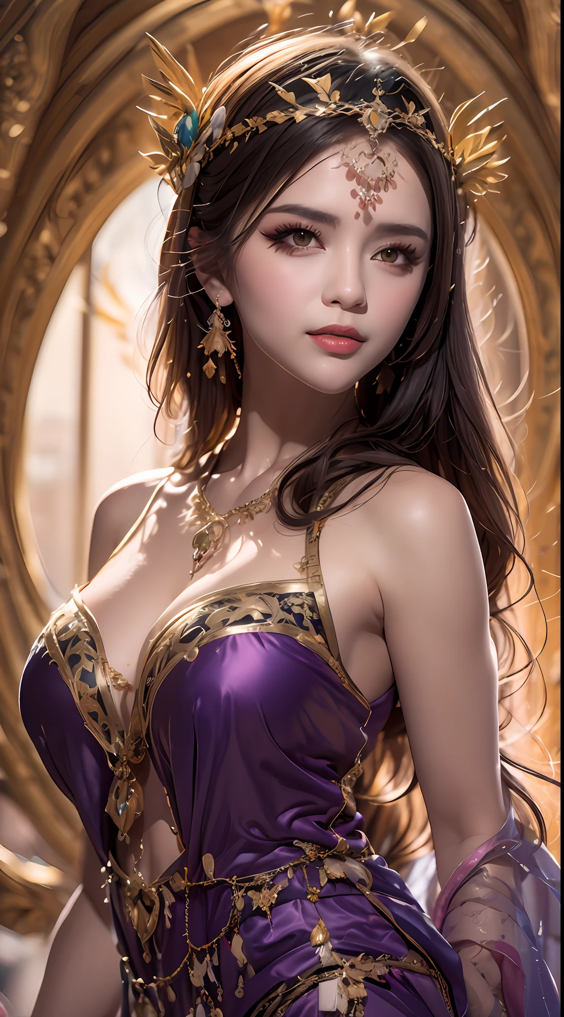 1 20-year-old girl, 1 goddess Athena, purple pink silk dress, beautiful goddess Athena's face without blemishes, sexy thin yellow nightgown, long thin nightgown of saint with many evocative black lace details feel, saint goddess legend, saint female icon, elegant glitter beautiful saint style, dark and mysterious version, holy woman crown, vermilion lips, thin and beautiful lips, don't smile, keep your mouth shut again, character created by karol bak and pino daeni, intricate detail, detailed background, extremely detailed, light magic, (unblemished pure face: 1.9), holy woman body, breasts round, big and round breasts, phoenix brooch, long hair with flat bangs, (Hair is 7 colors like a rainbow: 1.9), a beautiful face in detail and well-proportioned eyes, (transparent yellow eyes: 1.8), (big round eyes and very nice and detailed makeup: 1.8), meticulous makeup, long silk nightgown, mysterious makeup, Bracelet, bangs and dyed light blonde, upper body , (the saint's upper body) : 1.8), drooping arms, Realistic and vivid images, (stars that make up the sky: 1.7), (the sky of heaven and the fictional gates of time and space: 1.8) , fictional art, RAW photo, hanfu photo, best photo, high resolution, best quality, best photo, 8k quality, 8k ultra, surreal, best real life photo, foot art female saint image, 1 saint female icon in the background, single female saint portrait, most realistic color scheme, best photo color, masterpiece, hair decoration, necklace, jewelry, beautiful face, upper body, brand tyndall effect, real photo, dark studio, border light, two tone light, (pinky white skin: 1.4), (high skin detail: 1.1), 8k uhd, dslr , soft light, high quality, light volume, frank, Photo , high resolution, 4k quality, super 8k, Bokeh, Smooth and sharp, 10x pixel increase, sexy goddess, sexy goddess, (background space: 1 ,8), (galaxy: 1.7 ) ), aurora, lightning, (Aurora Background: 1.8), most beautiful eyes, picture perfect eyes, beautiful saint and flowers,