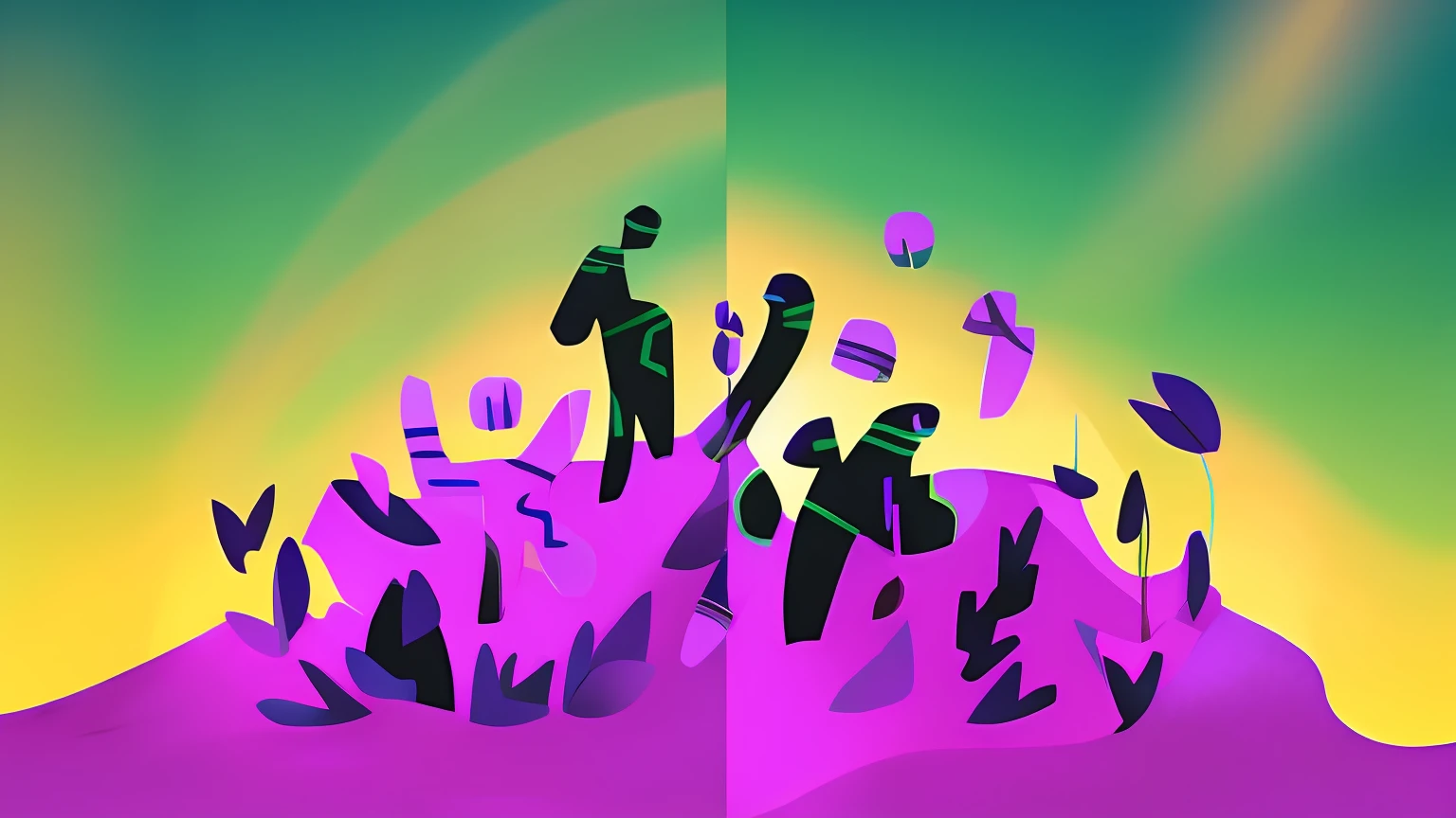 There are two images of a man and a woman in a field, Figures humaines abstraites dansant, un peu de vert et de violet, couleurs violettes et vertes, personnes fuyant, Photographie de Kurzgesagt, 2d illustration, 2 d illustration, Illustration simple, vert et violet, Stylized flat colors, Illustration du concept, stylized silhouette, 2. 5 d illustration