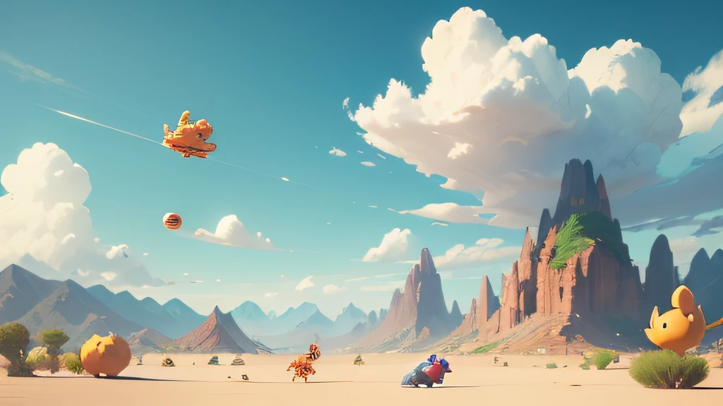 pokemmo,baby dino，Little dinosaur chasing hamburgers， illustration pokemon， ， bread type pokemon， Anime food， style of cute pokemon， A desert，The background is blue sky and white clouds，High mountains in the distance，Concept art for small fire dragons， Little fire dragon， cute mouse pokemon， Sonic， pokemmo