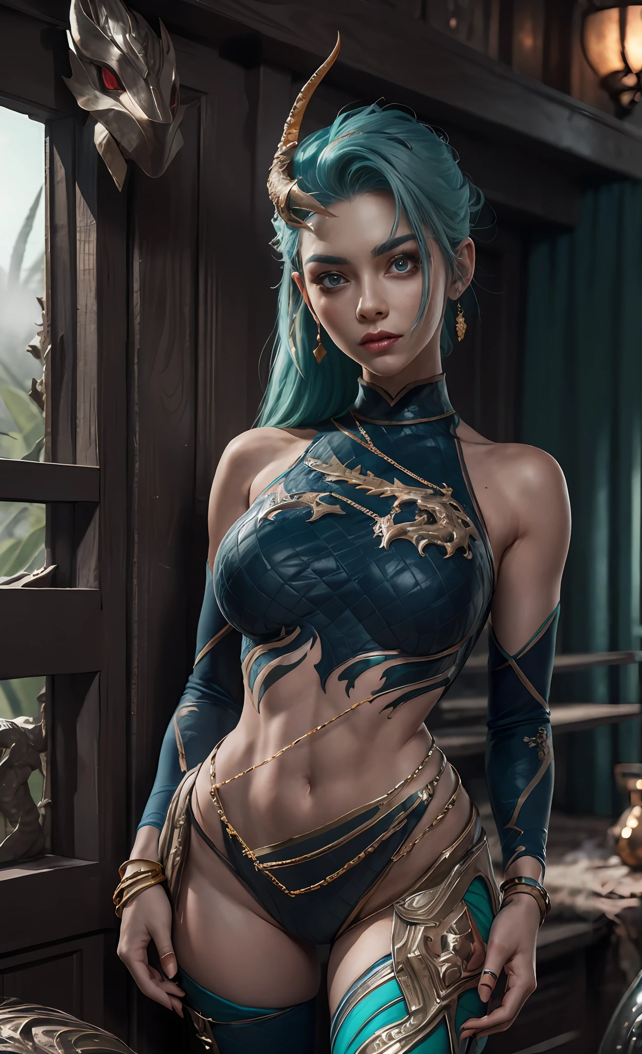 ((Tall girl reciting mantras)), peeking out from under his forehead, BREAK, (Fog in the background, Chaos, destruction, Gold Chains, Blood and sand), (Slim_thights:1.3), ((big breastes)), Slender_thights, aqua hair, 1girl, 独奏, (Miniature body:1.4), generous cleavage, detailed anatomy, the perfect body, Detailed body, detailized face, Beautiful anatomical eyes. BREAK Kaisa Dragon Lagoon,  The BREAK is very detailed, Intricately detailed art, Artstation's Detailed Triadic Color Trend in Unreal Engine 5, 8K resolution, deviantart masterpiece.