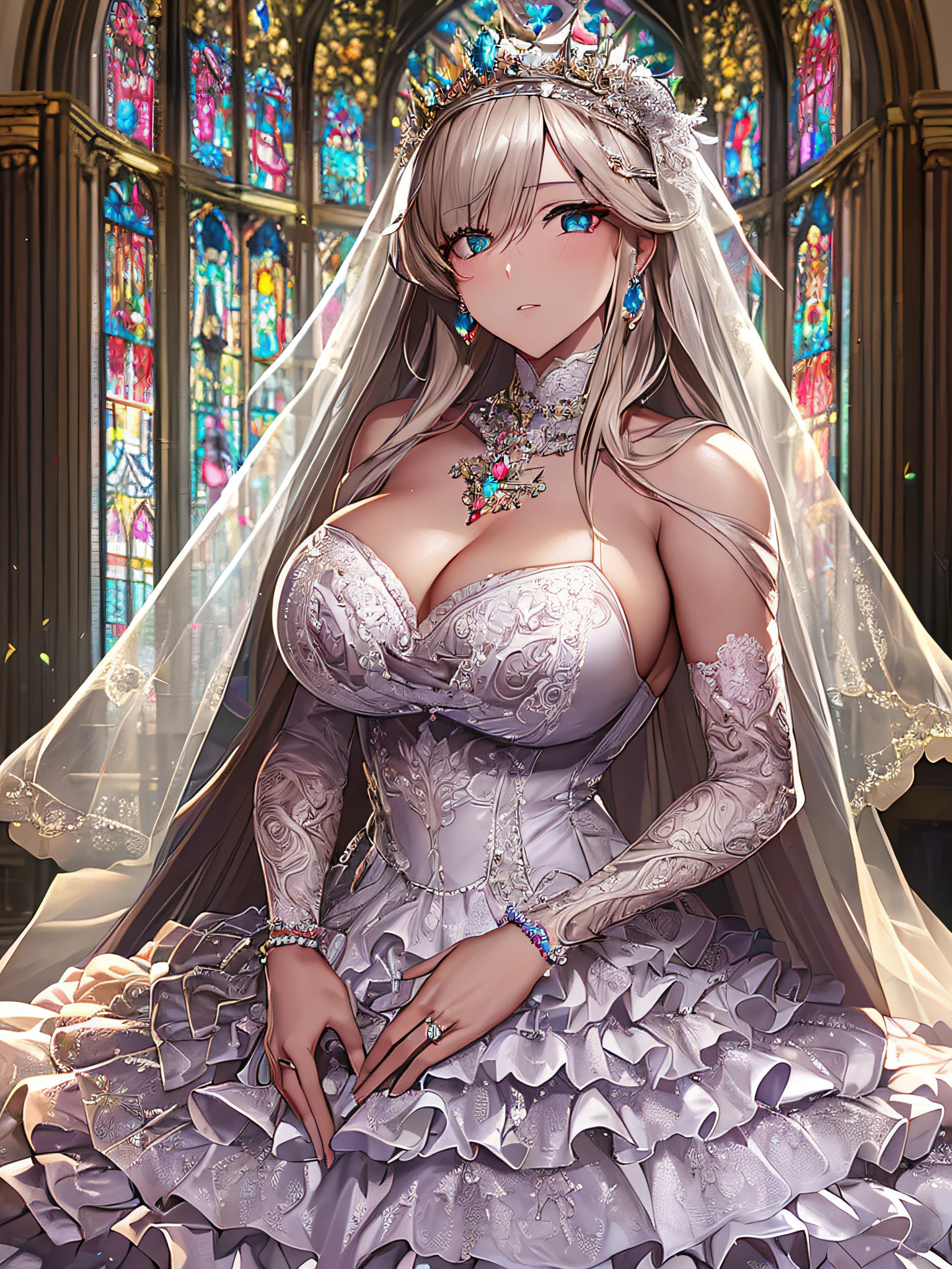 ((anime artstyle)),(Masterpiece),(Best Quality), (Super Detail),((Very Delicate and Beautiful)),Focus on character,Dynamic Angle,Looking at viewer,((Solo)),standing,((full body)),((one princess in gorgeousfull BlingBling wedding dress with voluminous skirt)),((June bride)),detailed face and eyes,jewel-like eyes,((Very Long voluminous Hair)),gorgeous embroidery and lace,((gorgeous corsage)),See-through,(Gorgeous BlingBling jewelry ornaments),luxury hair ornament,BlingBling luxury tiara with jewels,ornate ruffles,((gigantic ,Long breastsor,church wedding,((full body)),hoop skirt,crinoline,very long gorgeousfull wedding veil,(((jeweled gorgeous embroidery BlingBling wedding dress)))