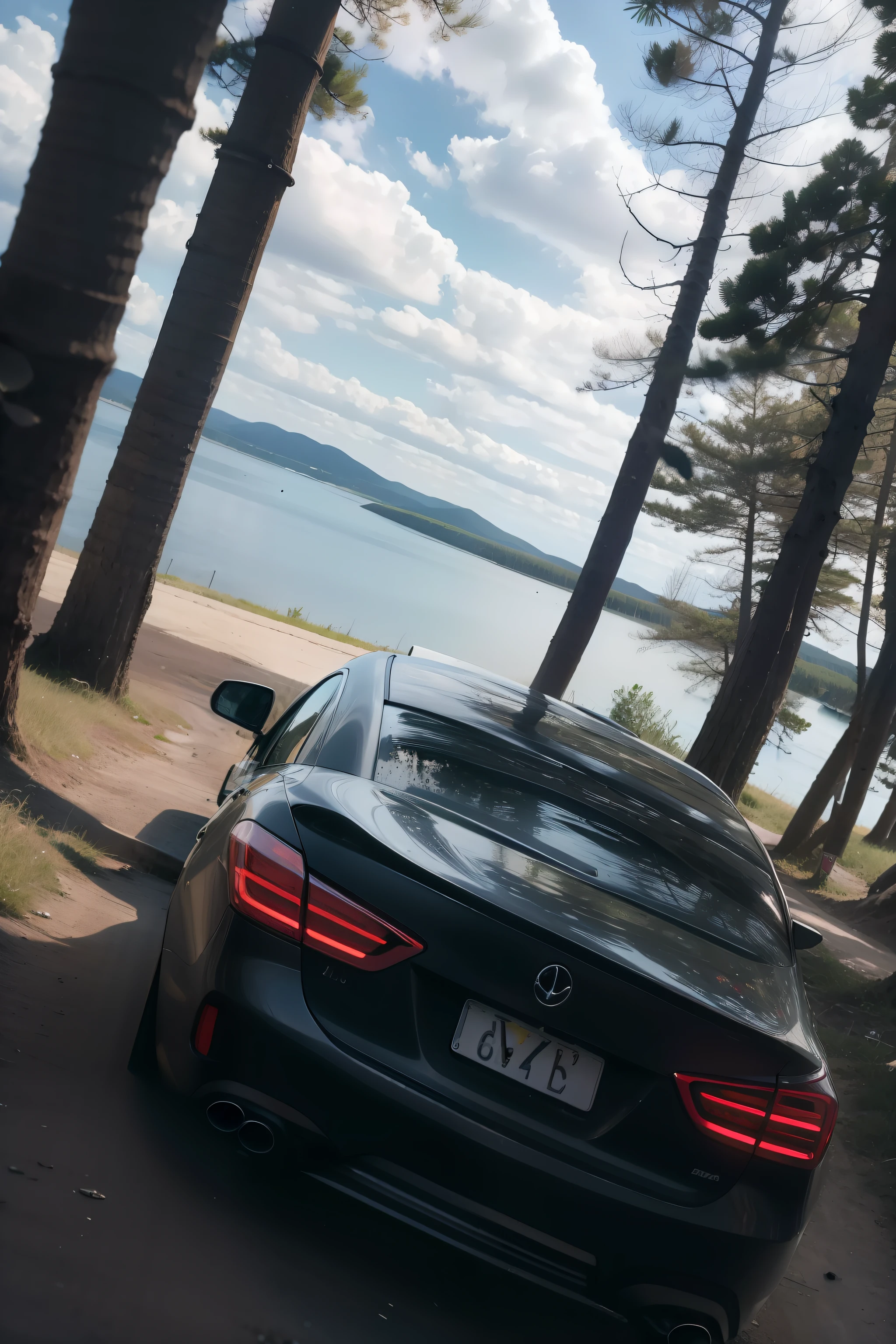 Close-up of the car, parked on a dirt road near a body of water, near lake baikal, lake baikal in the background, Alexander Runciman, 8K)), high picture quality, 🚿🗝📝, near a lake, Tom Wenerstrand, Shot on iPhone 14 Pro, against the backdrop of trees