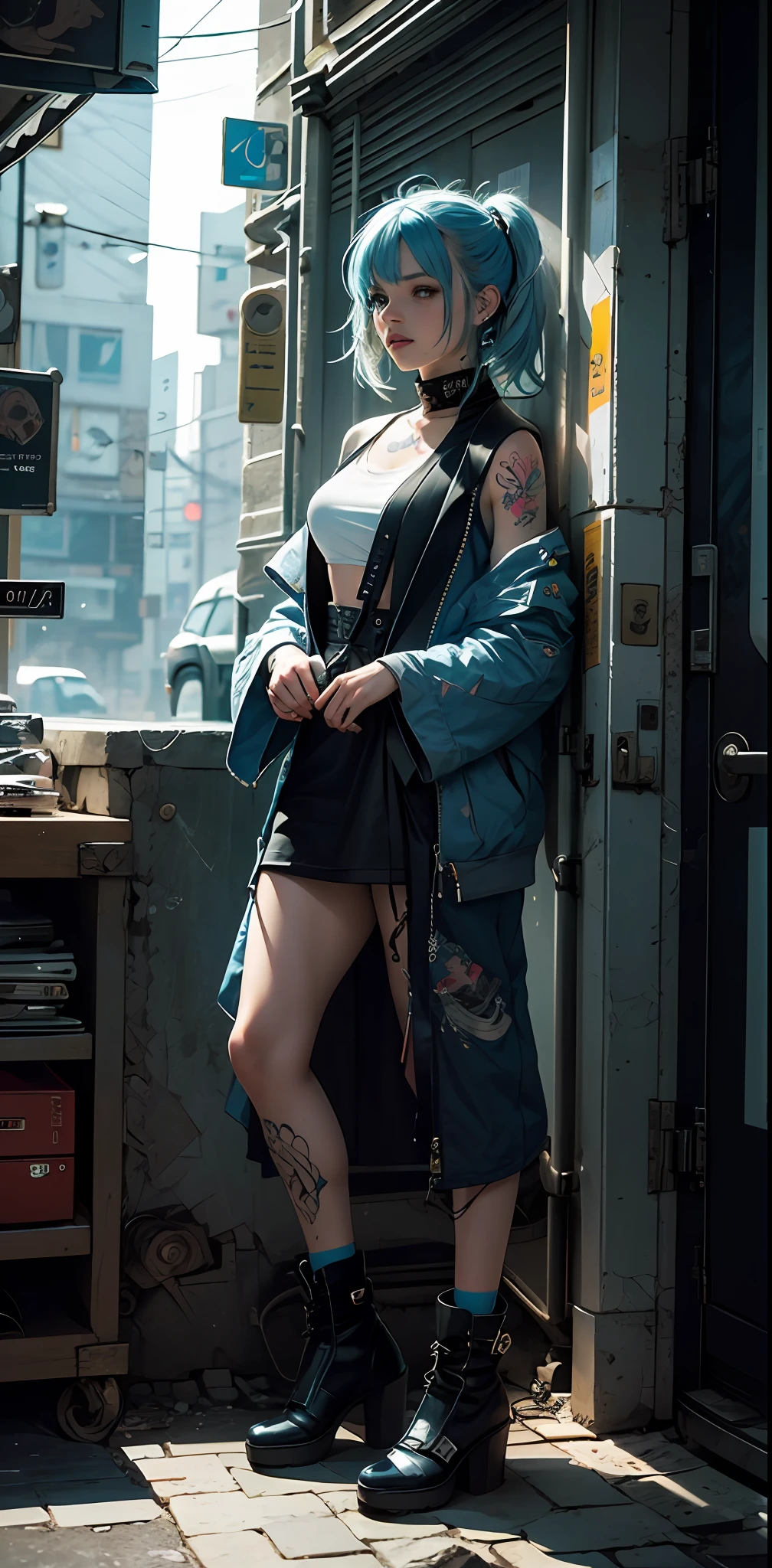 Ultra-high definition 2D art, close-up (1 woman), light blue hair, 2D animation style, soft and delicate depiction, attention also on her full-body tattoos (full-body art), landscape mode, masterpieces by Guweiz and James Jean, tattoo expert designs by CGSCOSITY, etc. A beautiful blue-haired girl who became a hot topic at the trend art station of Japan. --auto