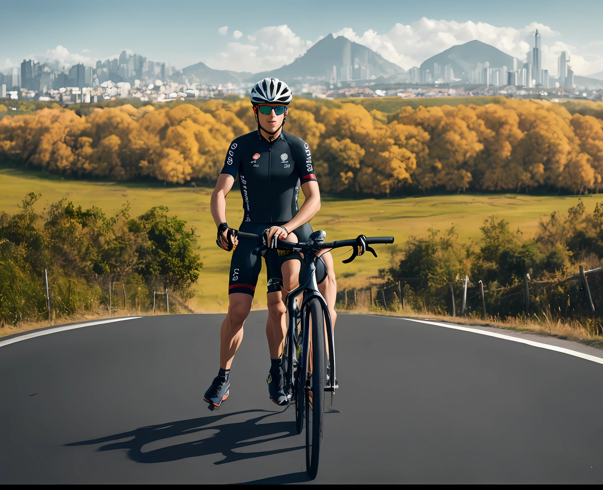 Man in yellow shirt and white helmet standing on a mountain with a beautiful is perfect bike next door, Postagem no Reddit, ciclismo!!, imagem de perfil, foto de perfil, foto do perfil, instagram post, com uma cidade em segundo plano, Bram Sels, Belas vistas, against the backdrop of trees, album photo, Alma piedosa, Fotografia tirada em 2 0 2 0