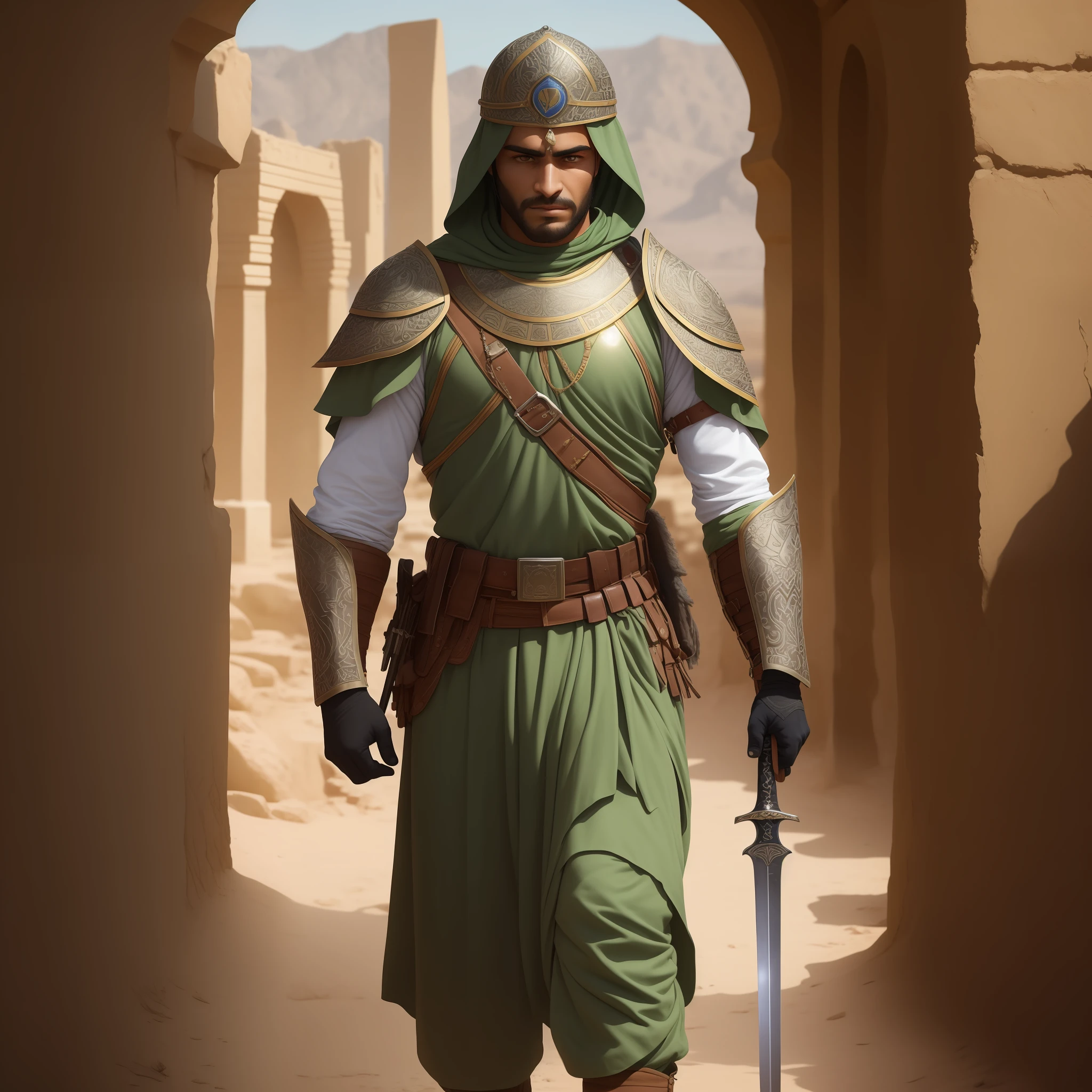 Step into the world of valor and courage with a captivating prompt featuring an Arab soldier wielding a gleaming sword. This evocative image depicts the soldier in the midst of an epic battle, standing tall and resolute. Clad in traditional armor that reflects the rich history and culture of the Arab region, the soldier exudes an aura of strength and determination.
The sword, held firmly in the soldier's hand, catches the light and glints with a sense of purpose. Its blade, carefully crafted with intricate details, symbolizes the soldier's unwavering commitment to protect and defend. With a backdrop of desert landscapes or ancient ruins, this scene immerses you in the timeless heritage of the Arab warriors.