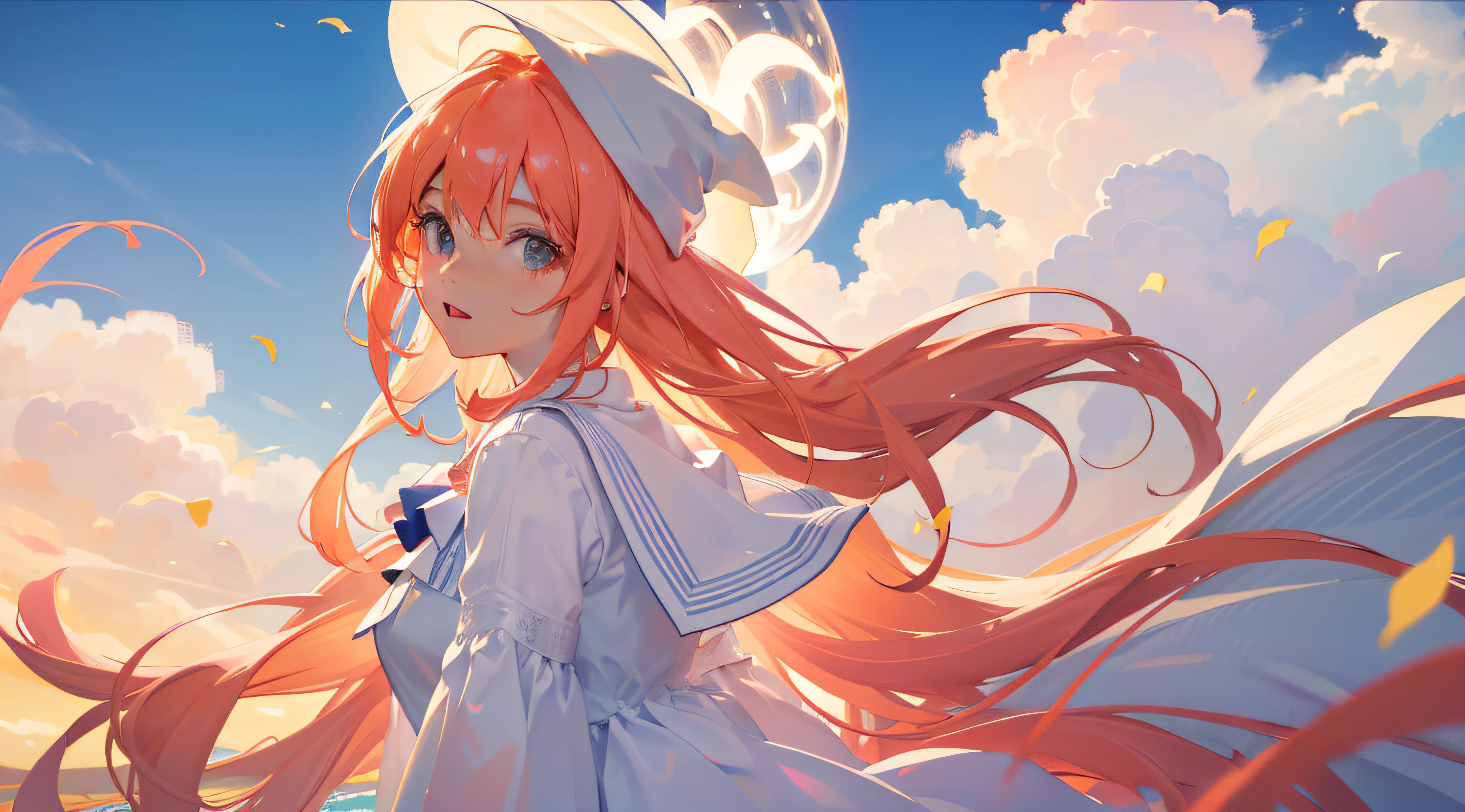 chica tumbada, tumbada en una nube rosa, la chica tiene el pelo blanco esponjoso y ondulado, la chica tiene ojos azules, esta rodeada de nubes rosas y blancas en medio del cielo nocturno con un toque naranja ((calidad ultra))((detallado)) se ve a la chica de cerca tumbada, viste lenceria blanca elegante (16k) (ultra alta calidad) (ultradetallado)(mejor calidad) ojos detallados