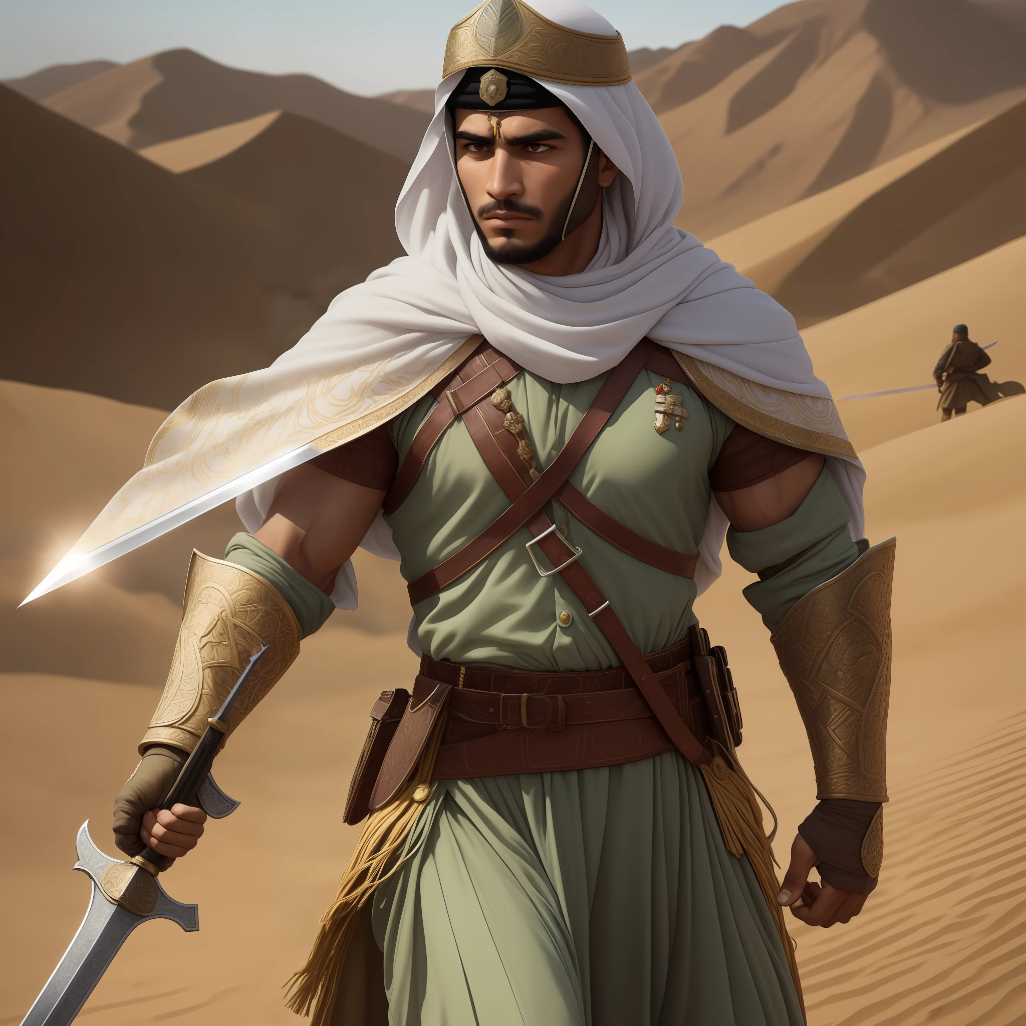 Step into the world of valor and courage with a captivating prompt featuring an Arab soldier wielding a gleaming sword. This evocative image depicts the soldier in the midst of an epic battle, standing tall and resolute. Clad in traditional armor that reflects the rich history and culture of the Arab region, the soldier exudes an aura of strength and determination.
The sword, held firmly in the soldier's hand, catches the light and glints with a sense of purpose. Its blade, carefully crafted with intricate details, symbolizes the soldier's unwavering commitment to protect and defend. With a backdrop of desert landscapes or ancient ruins, this scene immerses you in the timeless heritage of the Arab warriors.