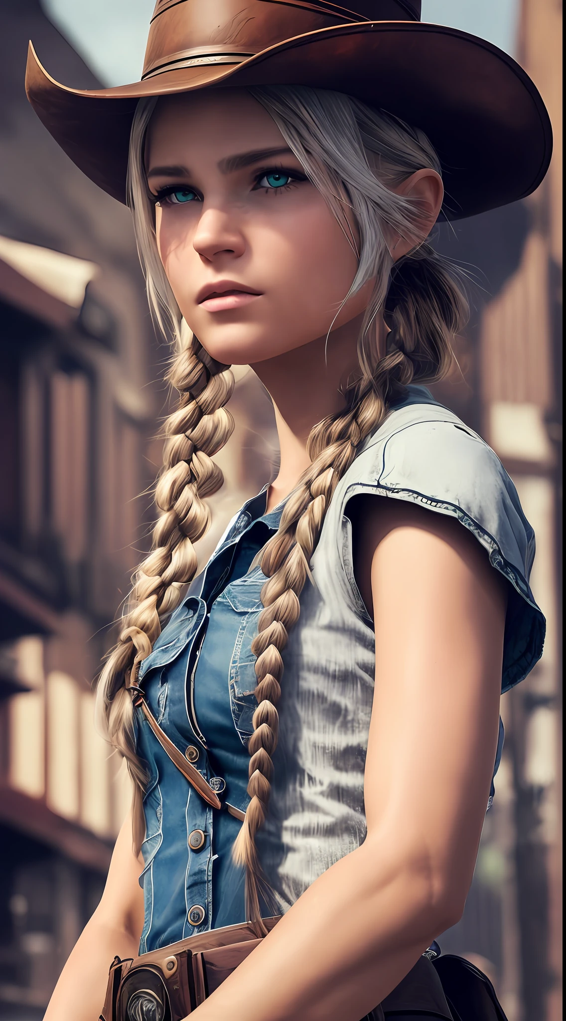 Photorealism, Epic Atmosphere,
(Masterpiece, Best Quality:1.2), Cowboy style, looking a viewer, twintails, hat, Transparent, combat stance, Happy on the street, 16k
hyperrealism, fantasy background,
cinematic, sharp focus, 16K.
High detail, Vibrant cinematic character rendering, Ultra fine model, Full HD