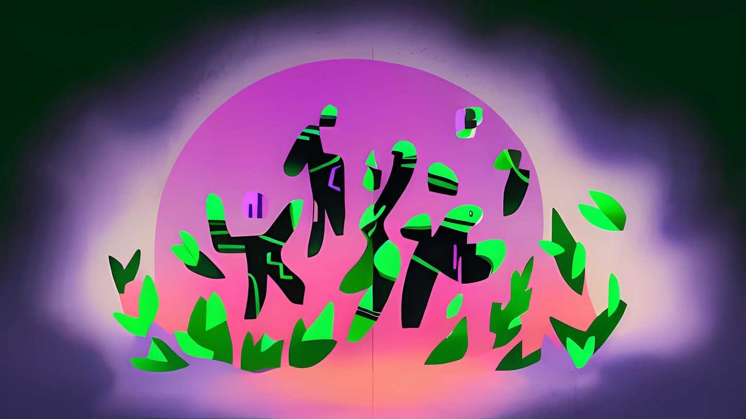 There are two images of a man and a woman in a field, Figures humaines abstraites dansant, un peu de vert et de violet, couleurs violettes et vertes, personnes fuyant, Photographie de Kurzgesagt, 2d illustration, 2 d illustration, Illustration simple, vert et violet, Stylized flat colors, Illustration du concept, stylized silhouette, 2. 5 d illustration