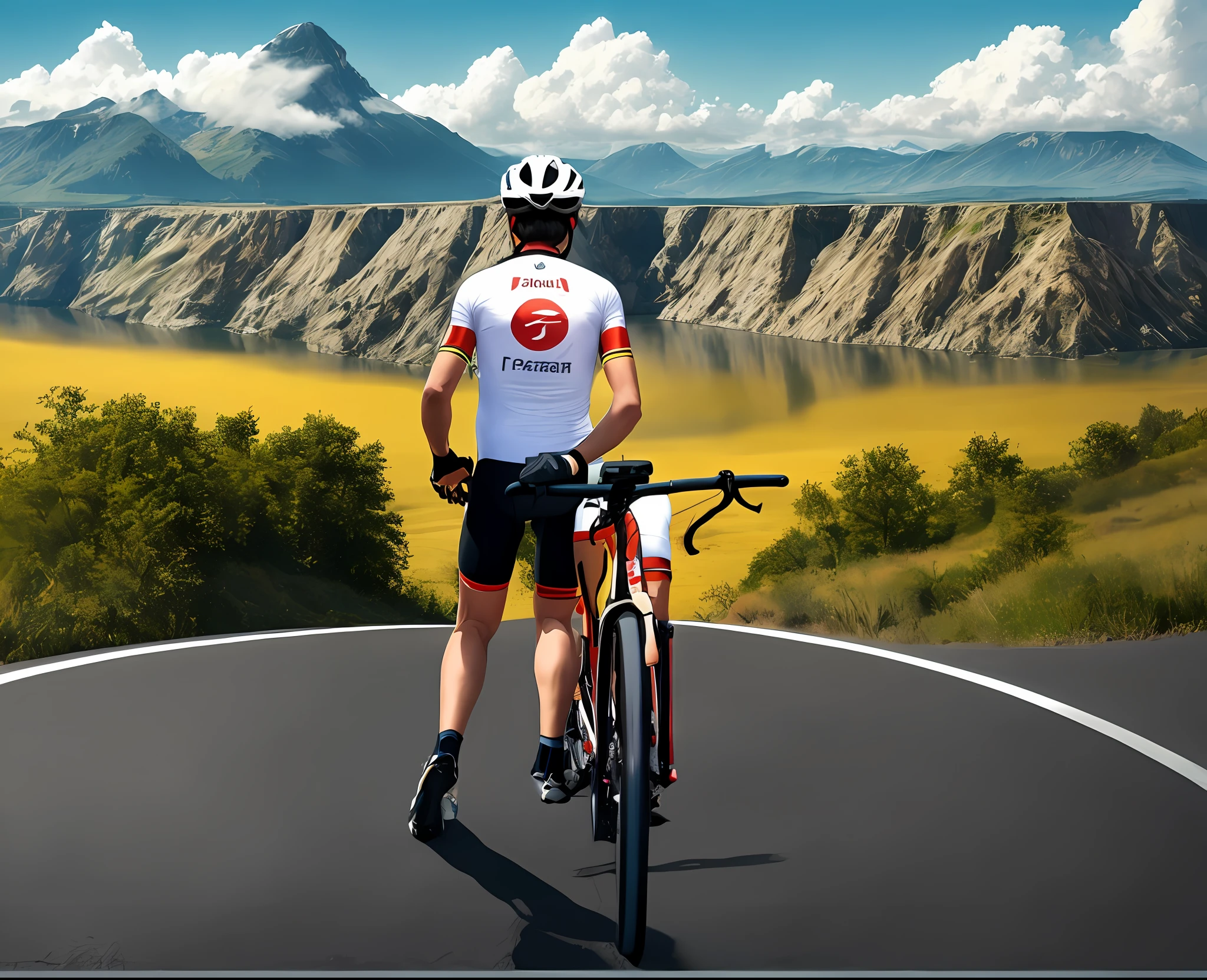 Man in yellow shirt and white helmet standing on a mountain with a beautiful is perfect bike next door, Postagem no Reddit, ciclismo!!, imagem de perfil, foto de perfil, foto do perfil, instagram post, com uma cidade em segundo plano, Bram Sels, Belas vistas, against the backdrop of trees, album photo, Alma piedosa, Fotografia tirada em 2 0 2 0