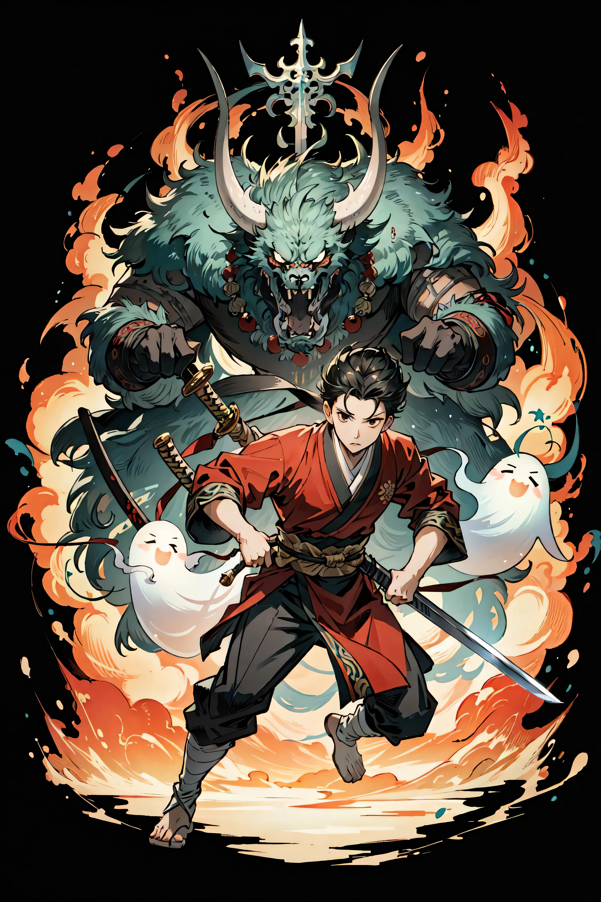 (best quality), detailed background, oriental nobless,ghost man,combat arts, holding holding sword, oriental castle,oni, monster army