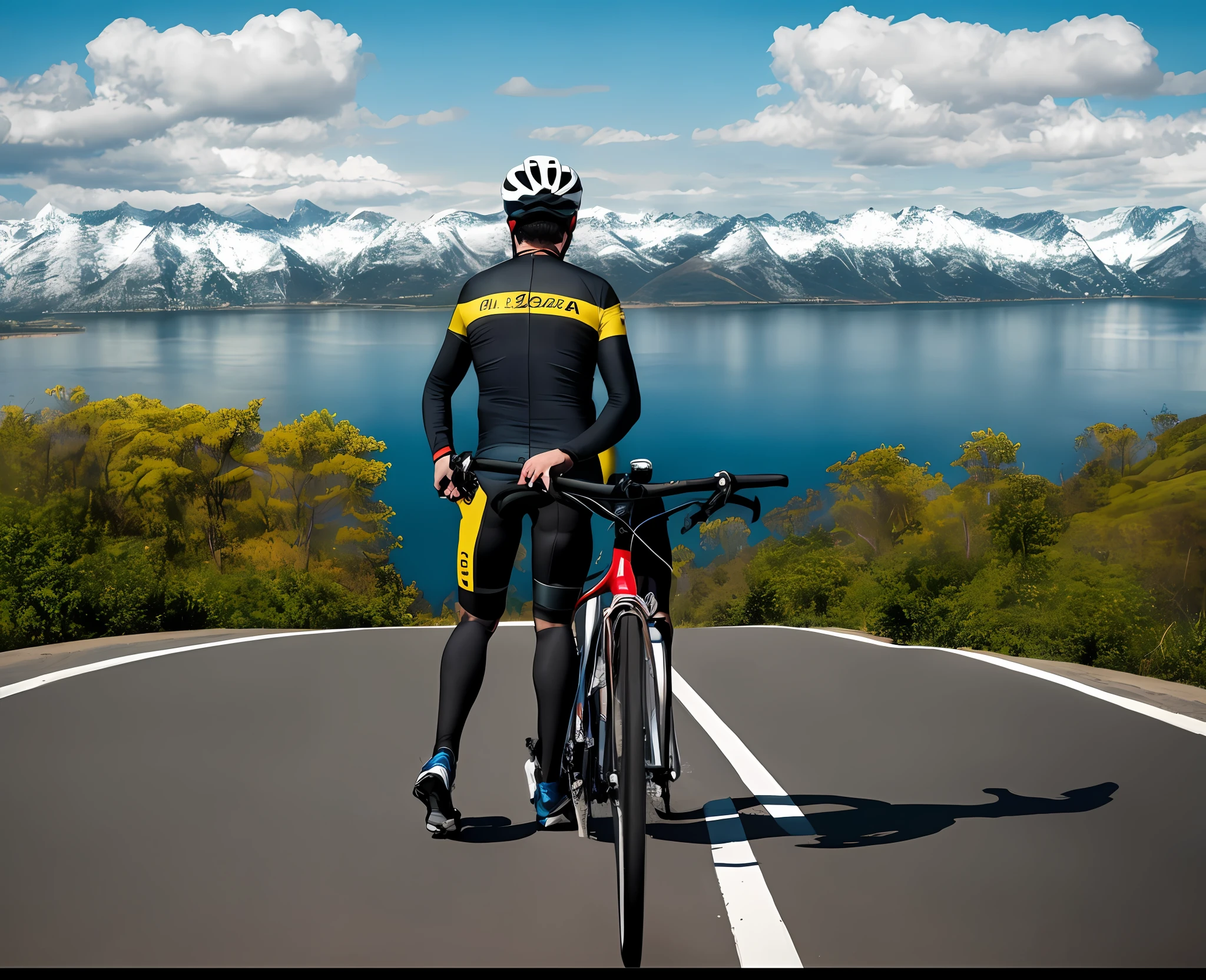 Man in yellow shirt and white helmet standing on a mountain with a beautiful is perfect bike next door, Postagem no Reddit, ciclismo!!, imagem de perfil, foto de perfil, foto do perfil, instagram post, com uma cidade em segundo plano, Bram Sels, Belas vistas, against the backdrop of trees, album photo, Alma piedosa, Fotografia tirada em 2 0 2 0