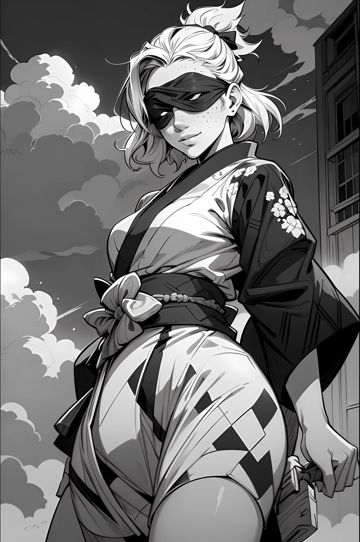 4k, sfw, (black and white:1.5), heavy ink outline, detailed paint stroke, cartoony/JoJo style, small breasts, spotlight, big large full lips, freckles, smirk, blindfold, high contrast, looking down on viewer with serious face , samurai warrior, small breasts, kimono, clouds, watcher over, close-up face, power stance, bow, soaked,, dynamic lighting, two tone lighting, high contrast