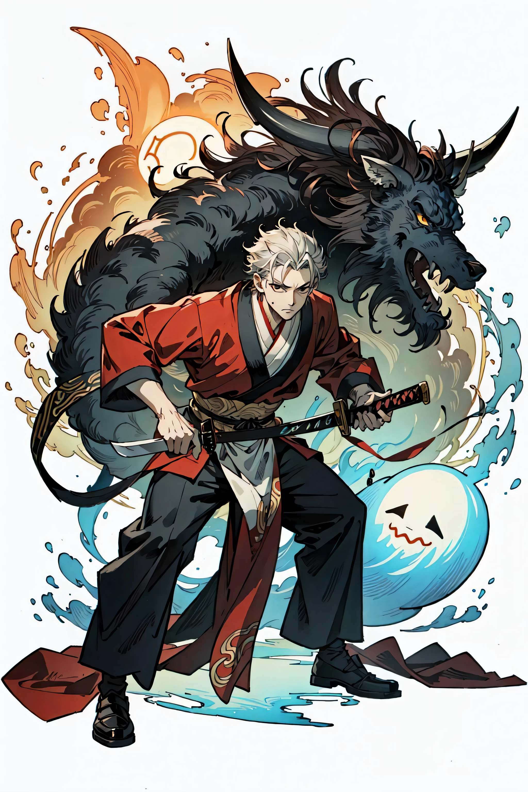 (best quality), detailed background, oriental nobless,ghost man,combat arts, holding holding sword, oriental castle,oni, monster army