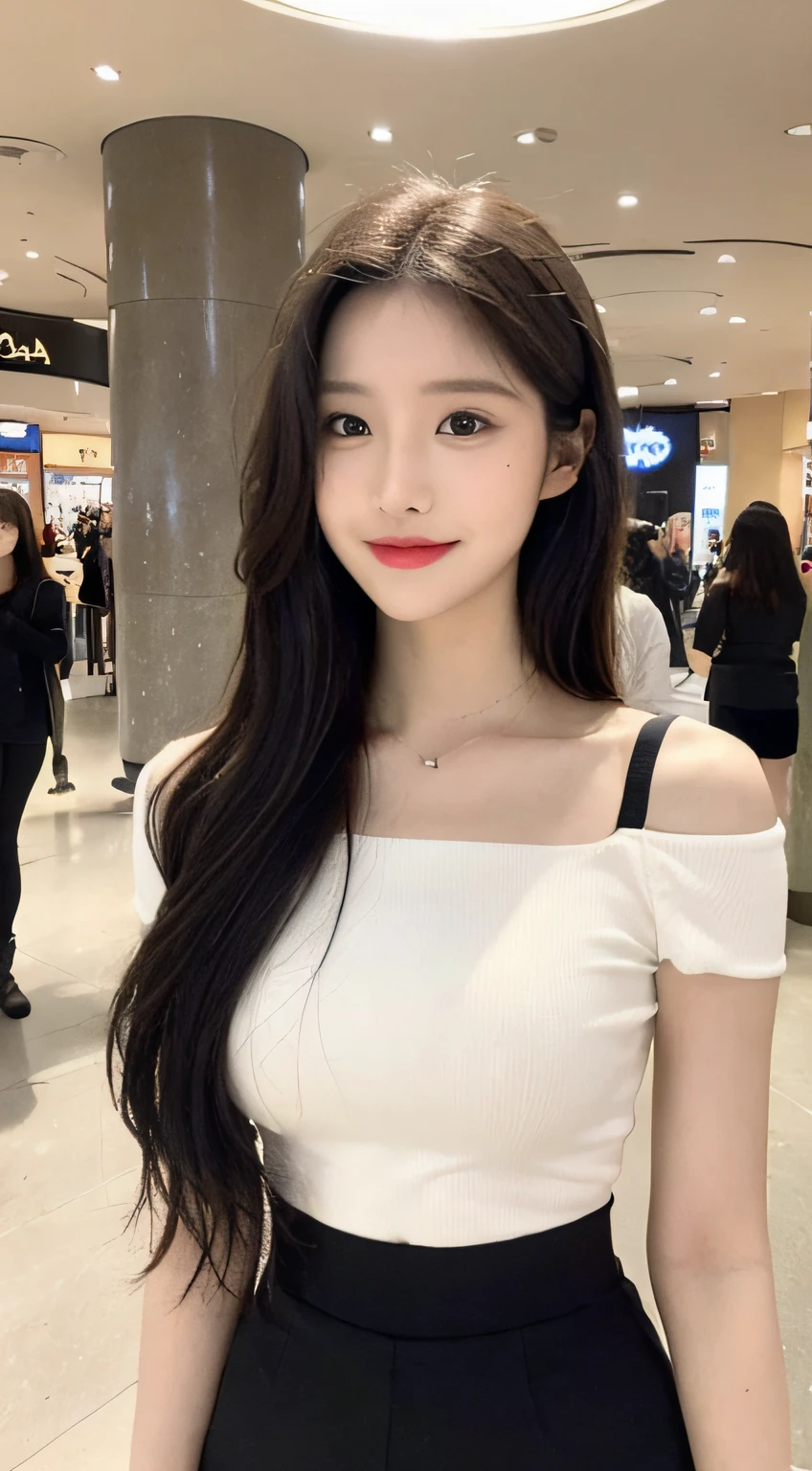 A girl around 35 years old,simplicity,Extremely beautiful and delicate,(light make-up),Black color hair,A sweet smile,Delicate and beautiful fair skin,Realistic and realistic,exquisite and complete facial features,Detailed depiction of the face,tall nose bridge,Red lips,Beautiful, gentle and beautiful girl,Smooth hair,extremely detail hair,Feminine temperament,Fill your face light,hyper realisitc,photorealestic,8K quality,extremy detailed,Realistic details,Works of masters,Realistic to the extreme,big breasts body,Beautiful,Pure desire,Stunning beauty,Peerless beauty,Highest image quality,8K分辨率,goddes,ssmile,Fine facial features,Hair over the shoulder,A brown-haired,Large long thick legs,(((High-waisted French top))),(((short skirt))),rays of sunshine,facing at camera,The body is well-proportioned and firm,Gentle eyes,Exposing thighs,stand posture,Stand inside the mall,Full body photo