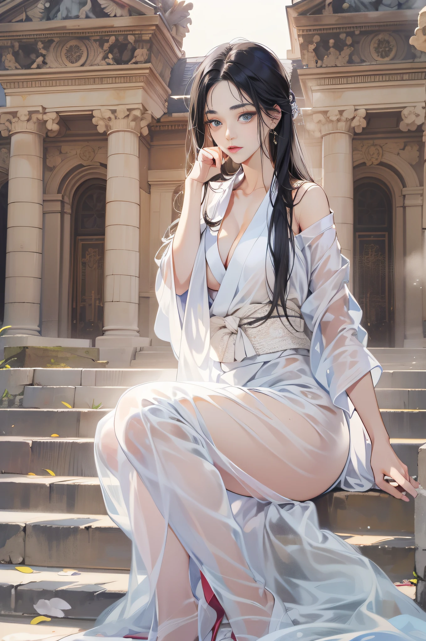32 year old beautiful woman with attractive long black hair、Double eyelids、The background is the Palace of Versailles in France、Looking here、One white see-through yukata that sticks to bare skin、very large breast、wide open legs、The color and shape of the tip of the chest is visible 、You can see the color and shape of the areola、You can see through a lot of pubic hair、The entire chest shows through、