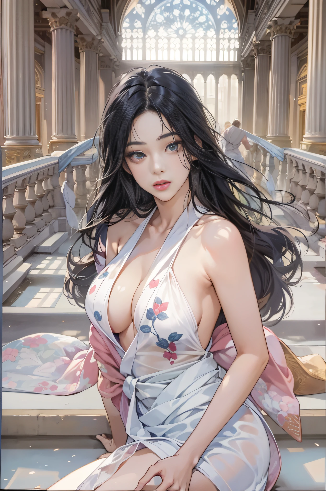 32 year old beautiful woman with attractive long black hair、Double eyelids、The background is the Palace of Versailles in France、Looking here、One white see-through yukata that sticks to bare skin、very large breast、wide open legs、The color and shape of the tip of the chest is visible 、You can see the color and shape of the areola、You can see through a lot of pubic hair、The entire chest shows through、