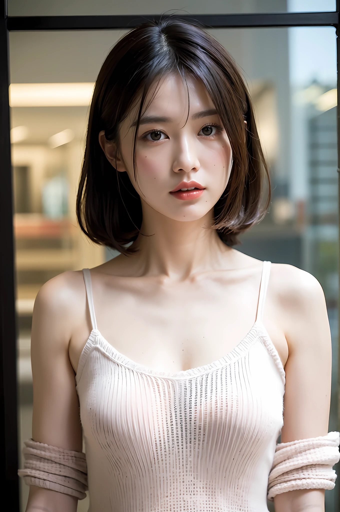 See-through turtleneck summer knitwear、Ridiculously large bust、taut breasts、