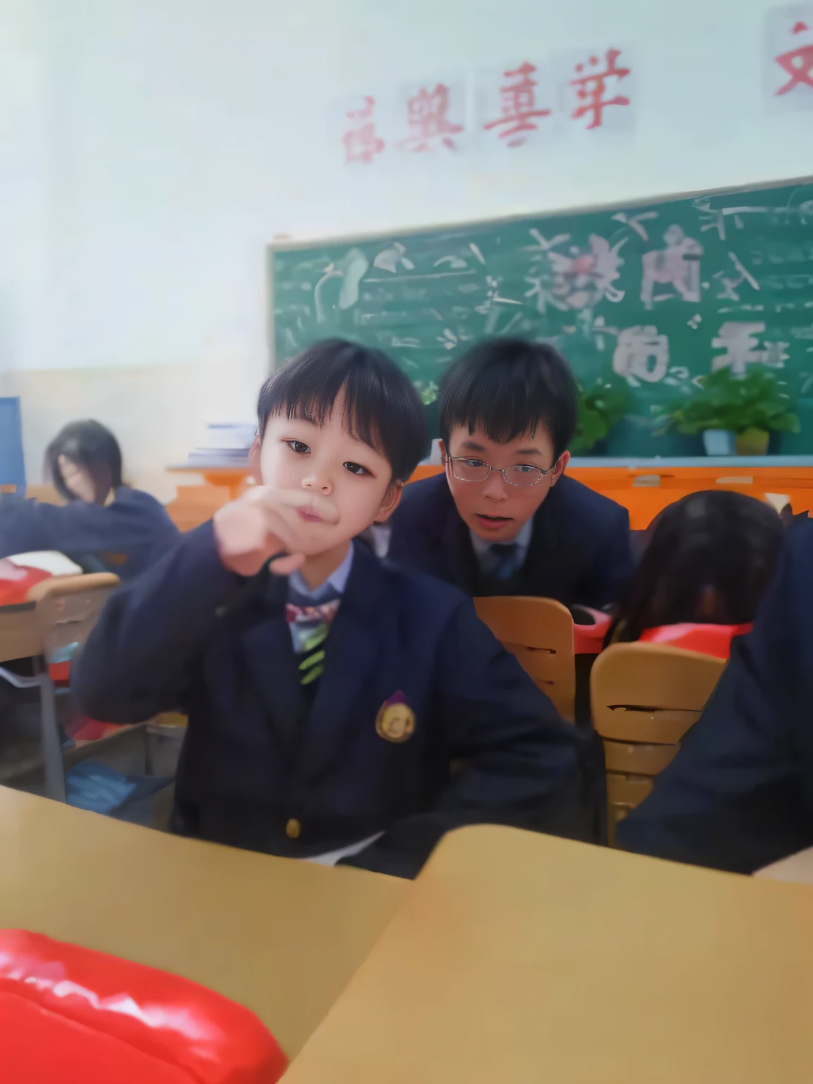 There are a lot of children and teachers sitting in the classroom, Classe escolar, standing in class, Sitting in the classroom, In a classroom, In the school classroom, Pointing at the camera, Crazy expression, inspired by Zhang Zongcang, year 2447, looking at the camera in!!!, 3 6 0 capture, they are very serious, jinyiwei