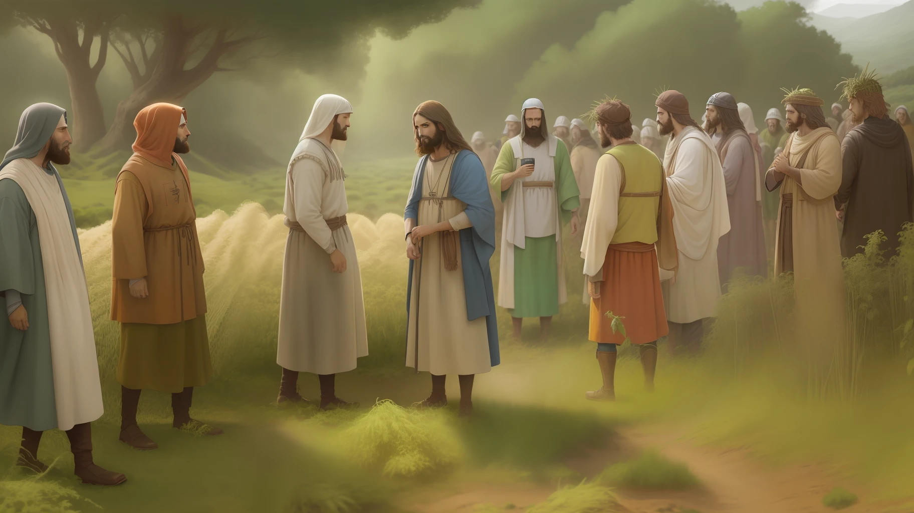 Jesus no meio de camponeses, agricultural site, bible illustration, epic biblical representation, imagem super realista, cinematic lighthing, beautiful depiction, Realistic, 4k, HDR