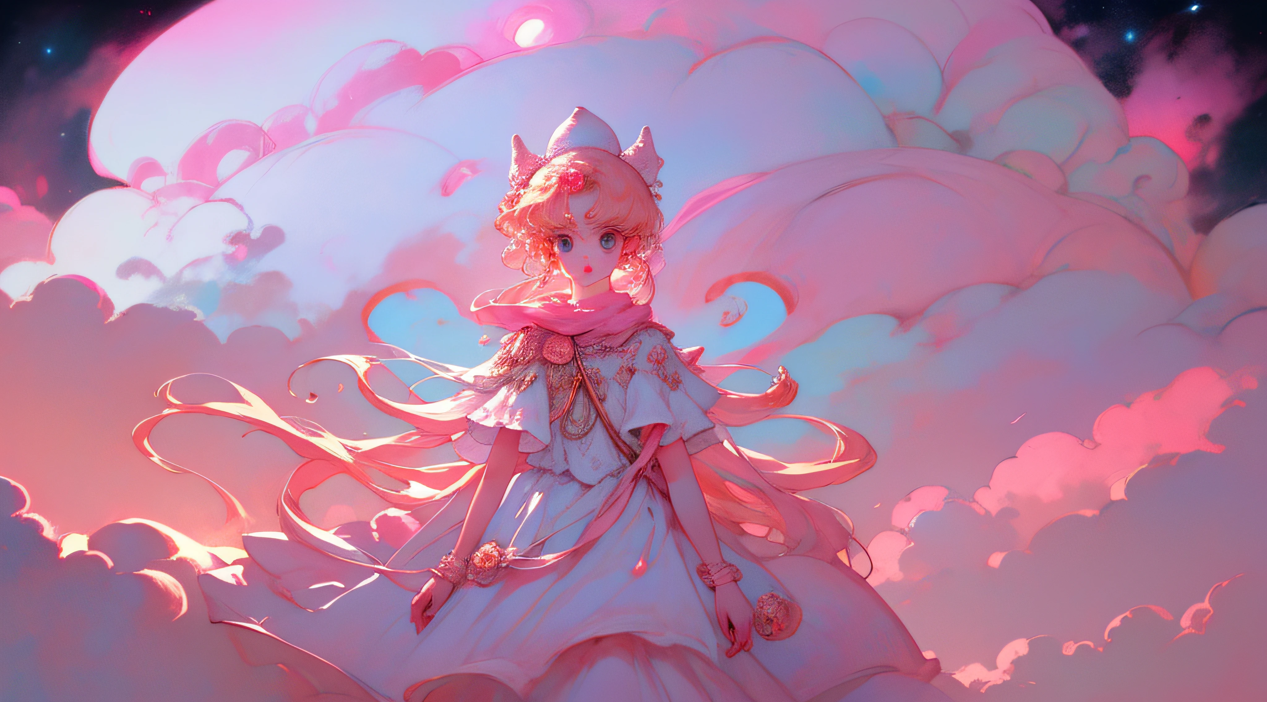 chica tumbada, tumbada en una nube rosa, se ve todo el cuerpo, la chica tiene el pelo blanco esponjoso y ondulado, la chica tiene ojos azules, esta rodeada de nubes rosas y blancas en medio del cielo nocturno con un toque naranja
