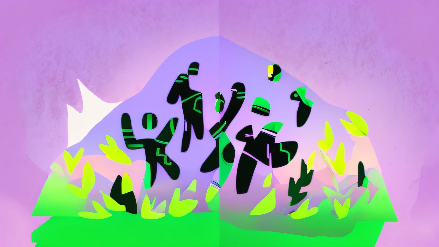 There are two images of a man and a woman in a field, Figures humaines abstraites dansant, un peu de vert et de violet, couleurs violettes et vertes, personnes fuyant, Photographie de Kurzgesagt, 2d illustration, 2 d illustration, Illustration simple, vert et violet, Stylized flat colors, Illustration du concept, stylized silhouette, 2. 5 d illustration