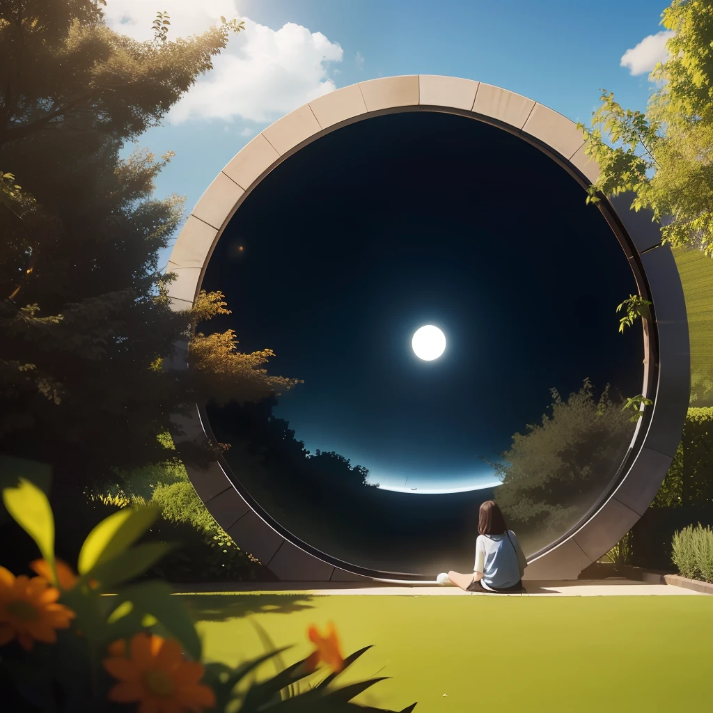 sunny afternoon, person napping in garden, black hole in the sky
