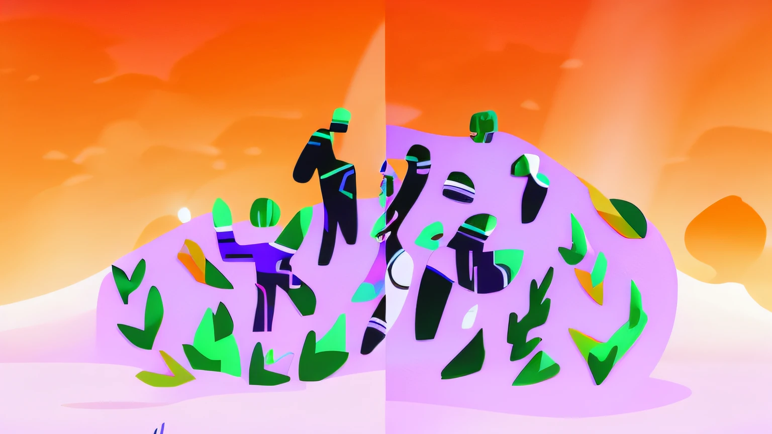 There are two images of a man and a woman in a field, Figures humaines abstraites dansant, un peu de vert et de violet, couleurs violettes et vertes, personnes fuyant, Photographie de Kurzgesagt, 2d illustration, 2 d illustration, Illustration simple, vert et violet, Stylized flat colors, Illustration du concept, stylized silhouette, 2. 5 d illustration