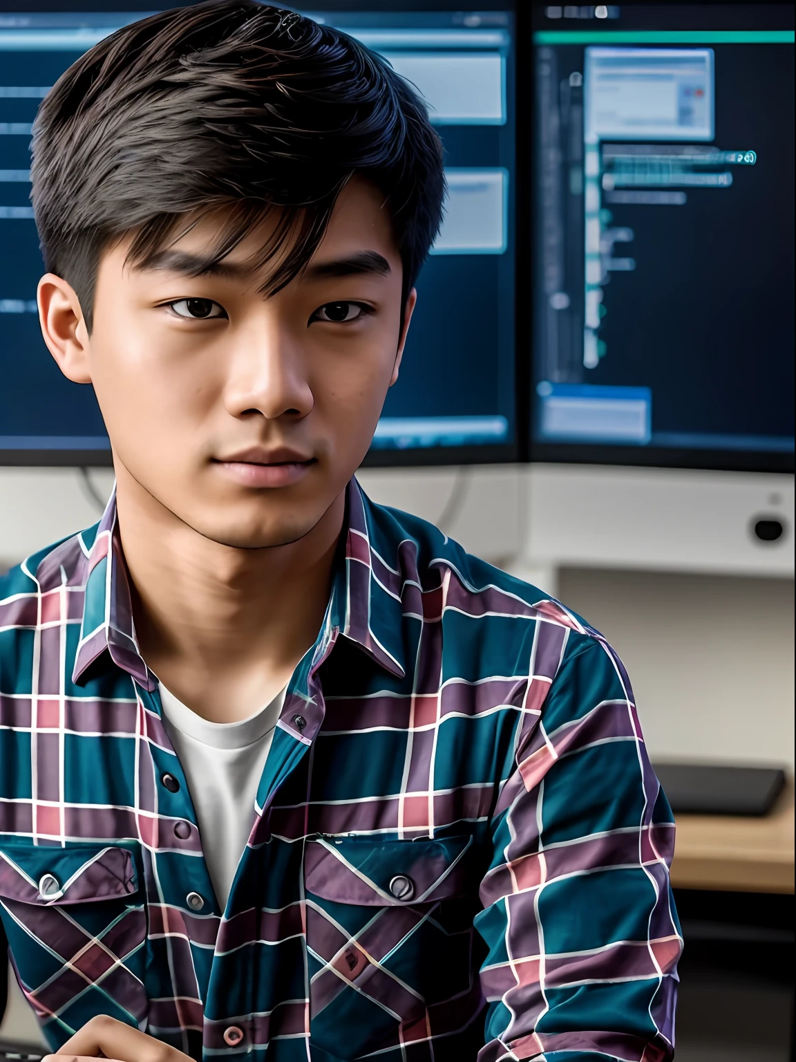 High quality, High detail, Masterpiece, 18-year-old boy,Asian programmer without glasses, Wear a plaid shirt, Code is being written, closeup cleavage, lighting, Computer background, 8K, Real Scene, Front view