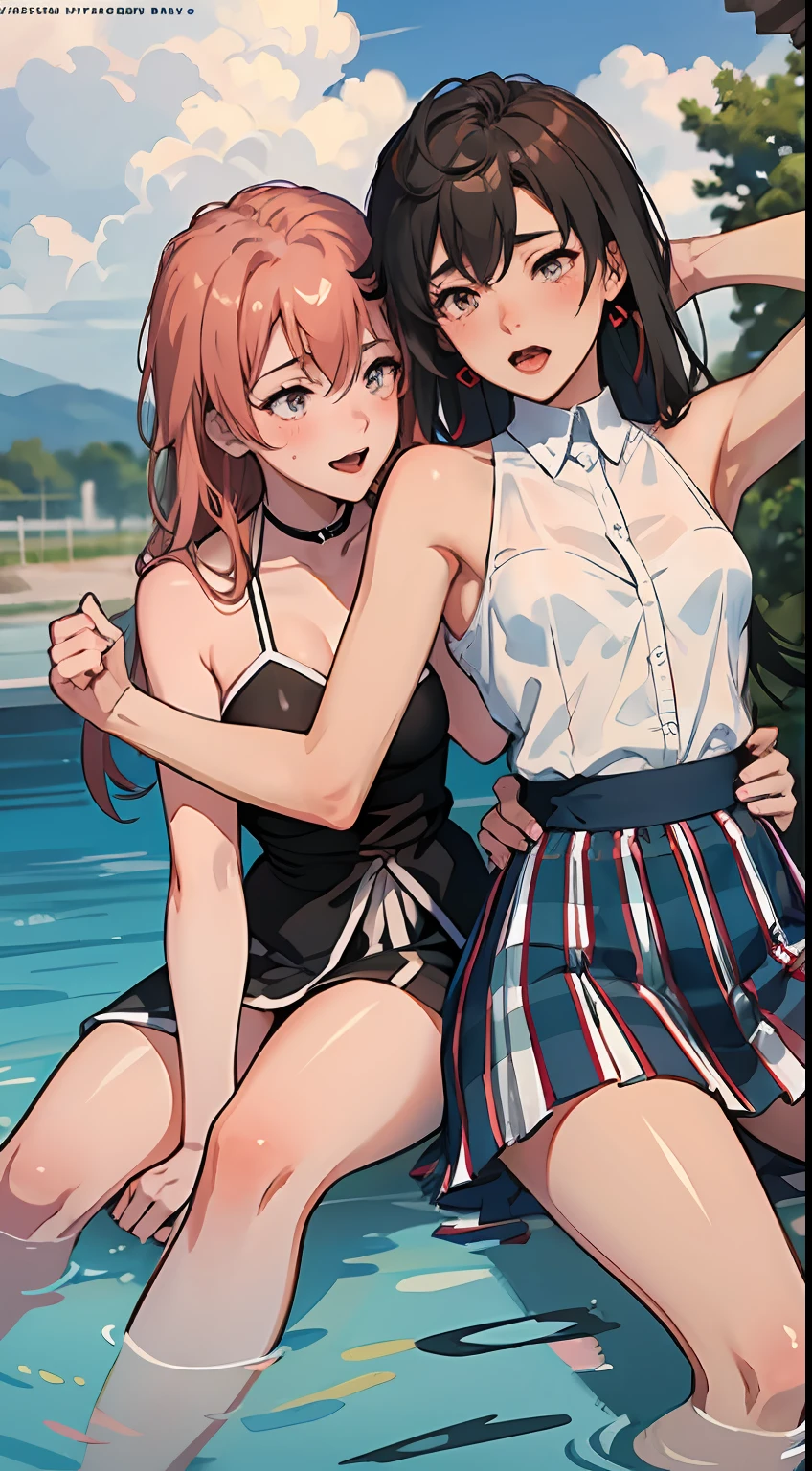 2 women having fun, lascivious:1,2, hentai:1,2, NSFW:1,2, lesbian yuri:1,2, blush, wear regattas and skirts, hot summer day, small breasts, perfect anatomy, one girls is tickling the other, armpit