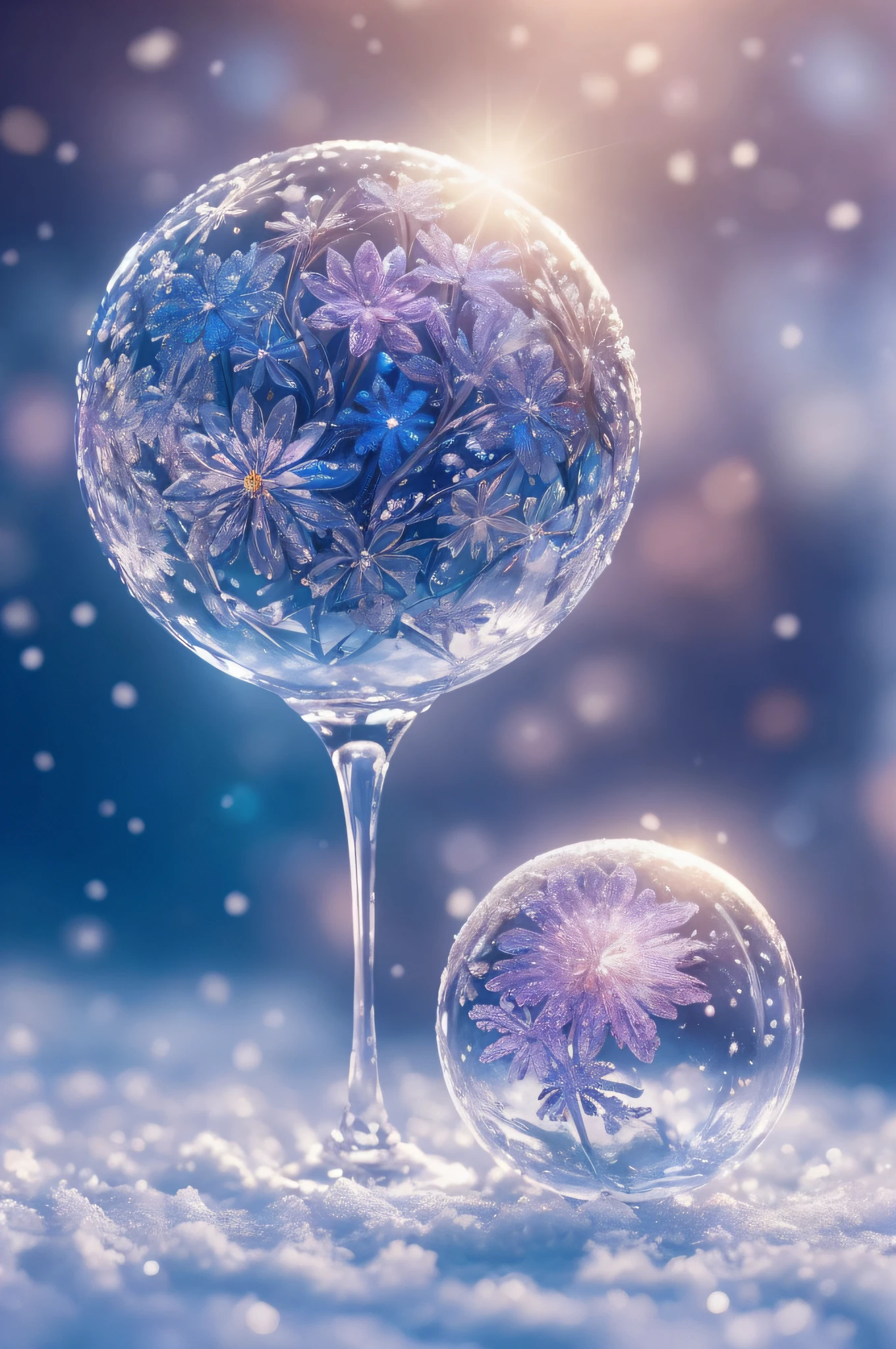 snowflower, crystal sphere，snowfield，white backgrounid，fanciful, galaxias, cleanness, glittery, glittery, Splendor,, Amazing photography, dramatic  lighting, photo-realism, ultra - detailed, 4K, depth of fields, A high resolution