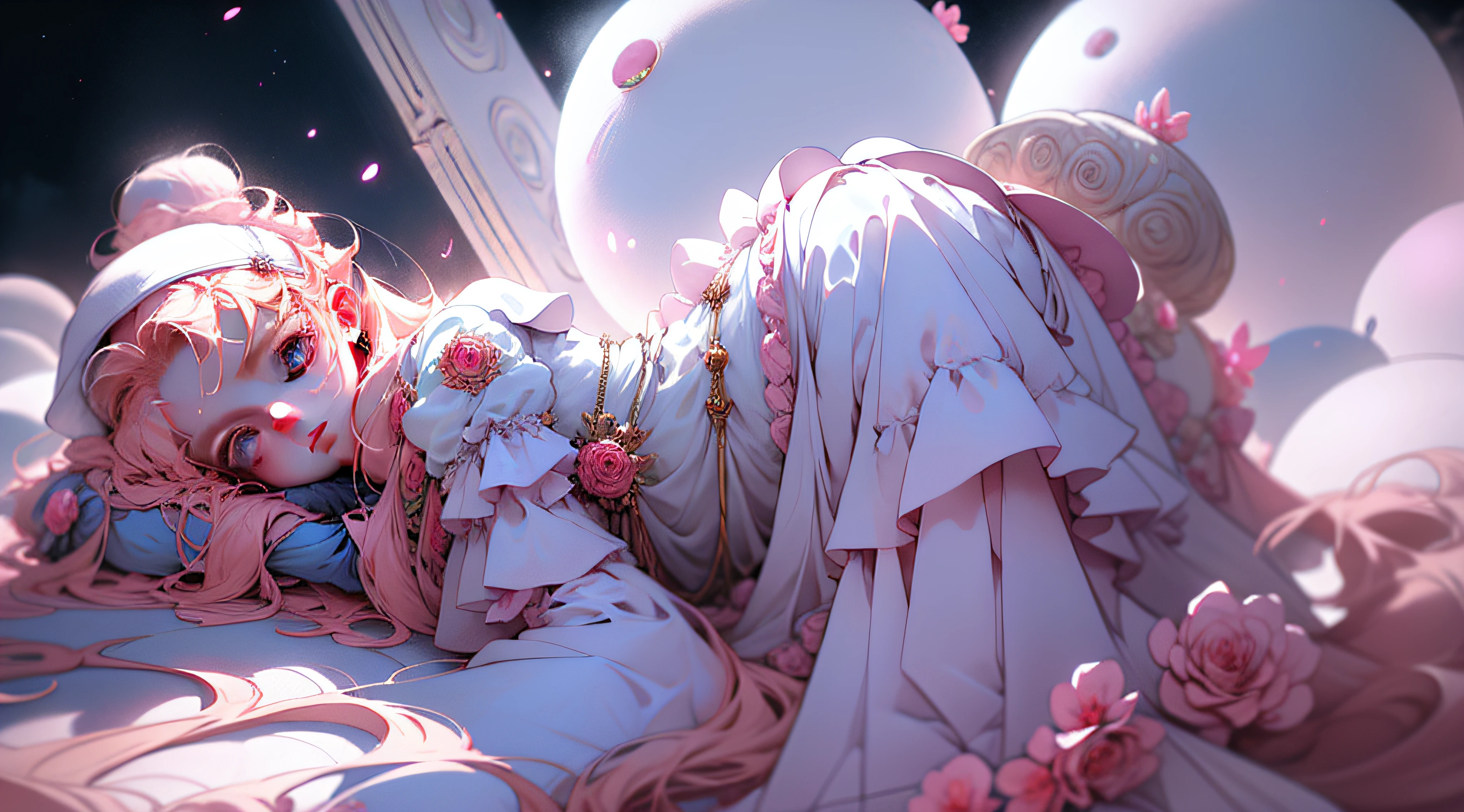chica tumbada, tumbada en una nube rosa, se ve todo el cuerpo, la chica tiene el pelo blanco esponjoso y ondulado, la chica tiene ojos azules, esta rodeada de nubes rosas y blancas en medio del cielo nocturno con un toque naranja ((calidad ultra))((detallado)) se ve a la chica de cerca, se ve todo su cuerpo, viste lenceria blanca