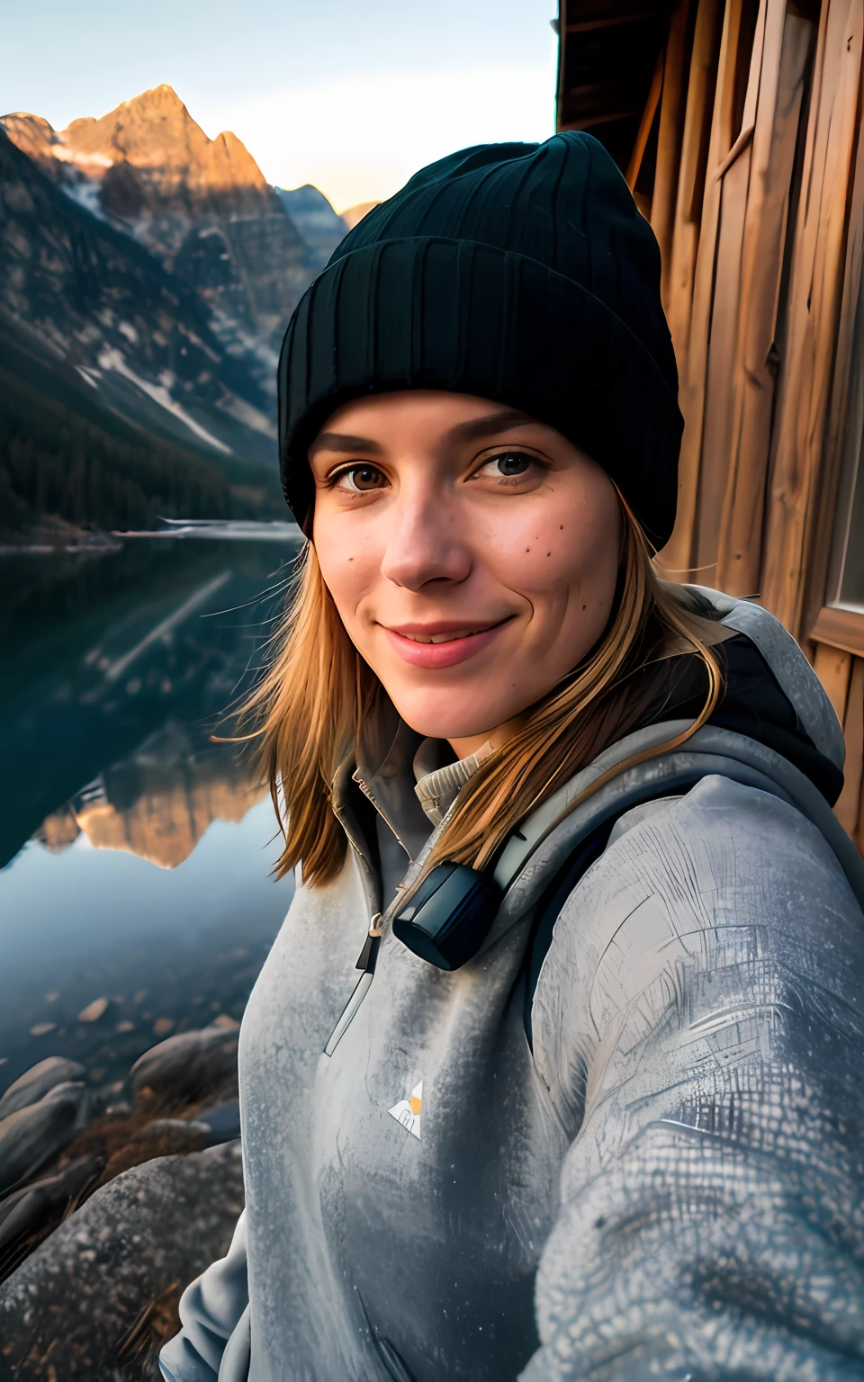 1 woman ((upper body selfie, happy)), masterpiece, best quality, ultra-detailed, solo, outdoors, (night), mountains, nature, (stars, moon) cheerful, happy, backpack, sleeping bag, camping stove, water bottle, mountain boots, gloves, sweater, hat, flashlight, forest, rocks, river, wood, smoke, shadows, contrast, clear sky, analog style (look at viewer:1.2) (skin texture) (film grain:1.3), (warm hue, warm tone:1.2), close up, cinematic light, sidelighting, ultra high res, best shadow, RAW, upper body, wearing pullover