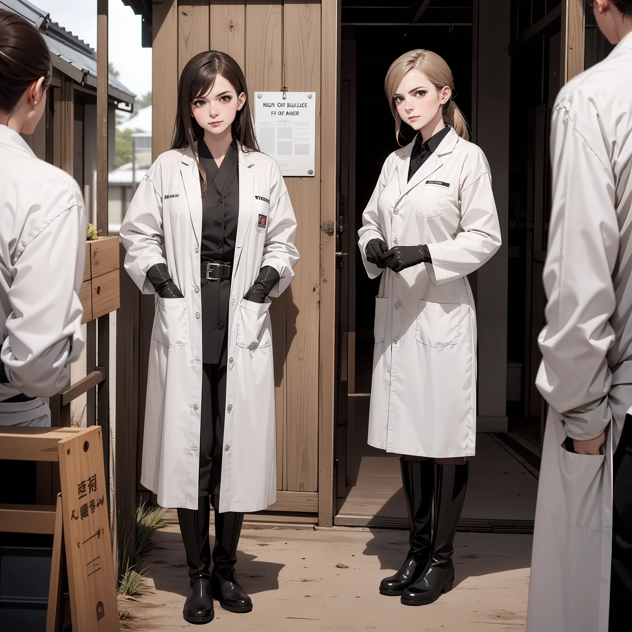 With the best image quality、Photo with the image of a modern beautiful woman with Japan、Standing Female Keeper、glaring at you with a cheeky attitude、white lab coat、White rubber gloves、Rubber Apron、Wearing white rubber boots、View of the zoo、Woman putting her foot on a livestock、Dirty boots、Generate photos that depict the atmosphere of bullying。